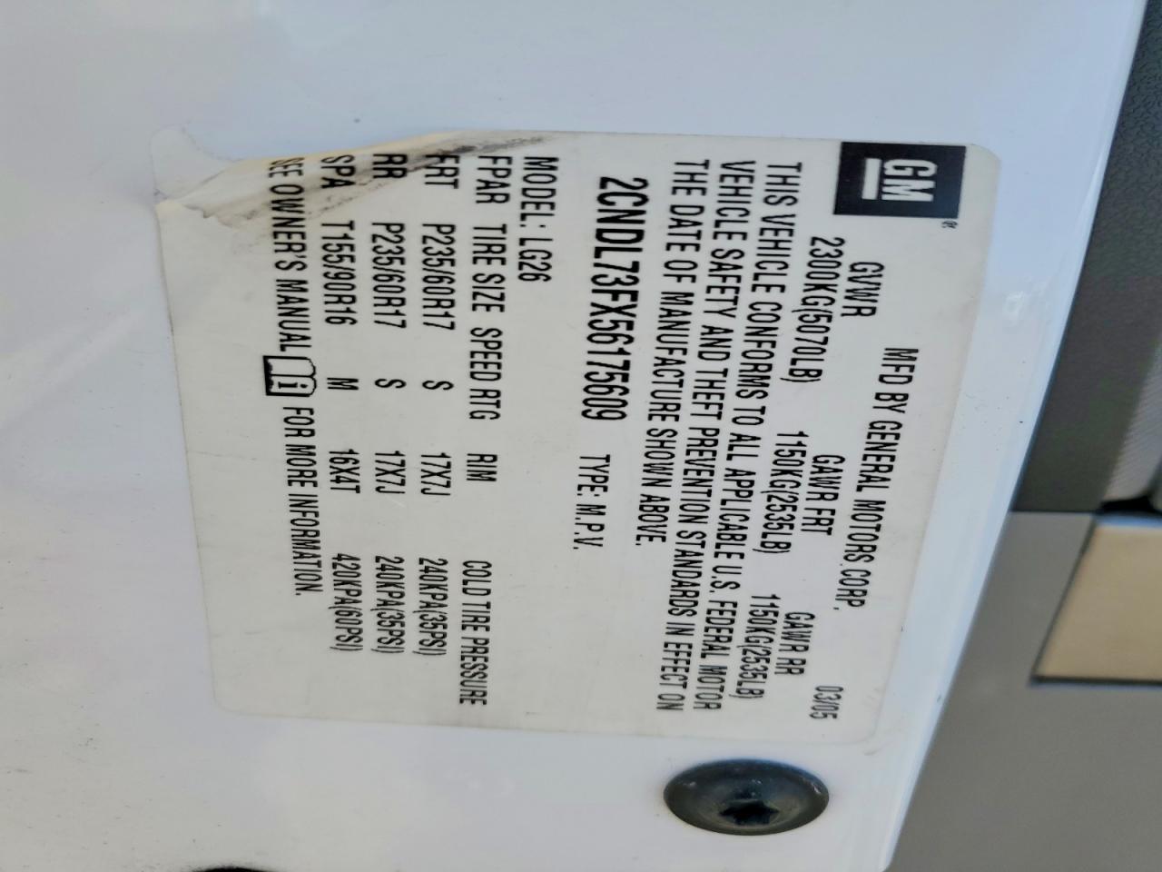 2005 Chevrolet Equinox Lt White vin: 2CNDL73FX56175609