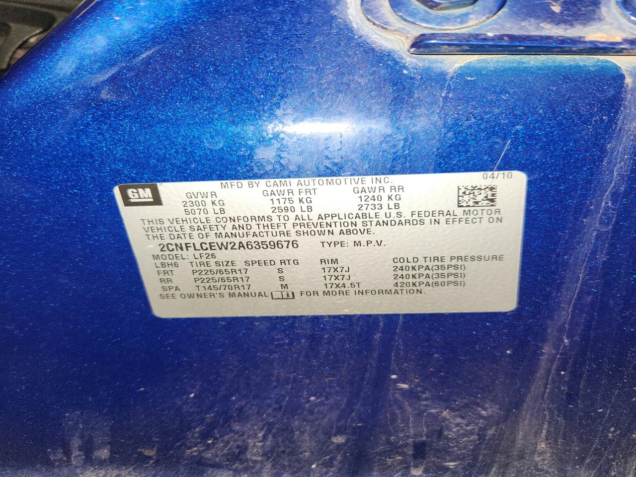 2010 Chevrolet Equinox Ls Blue vin: 2CNFLCEW2A6359676