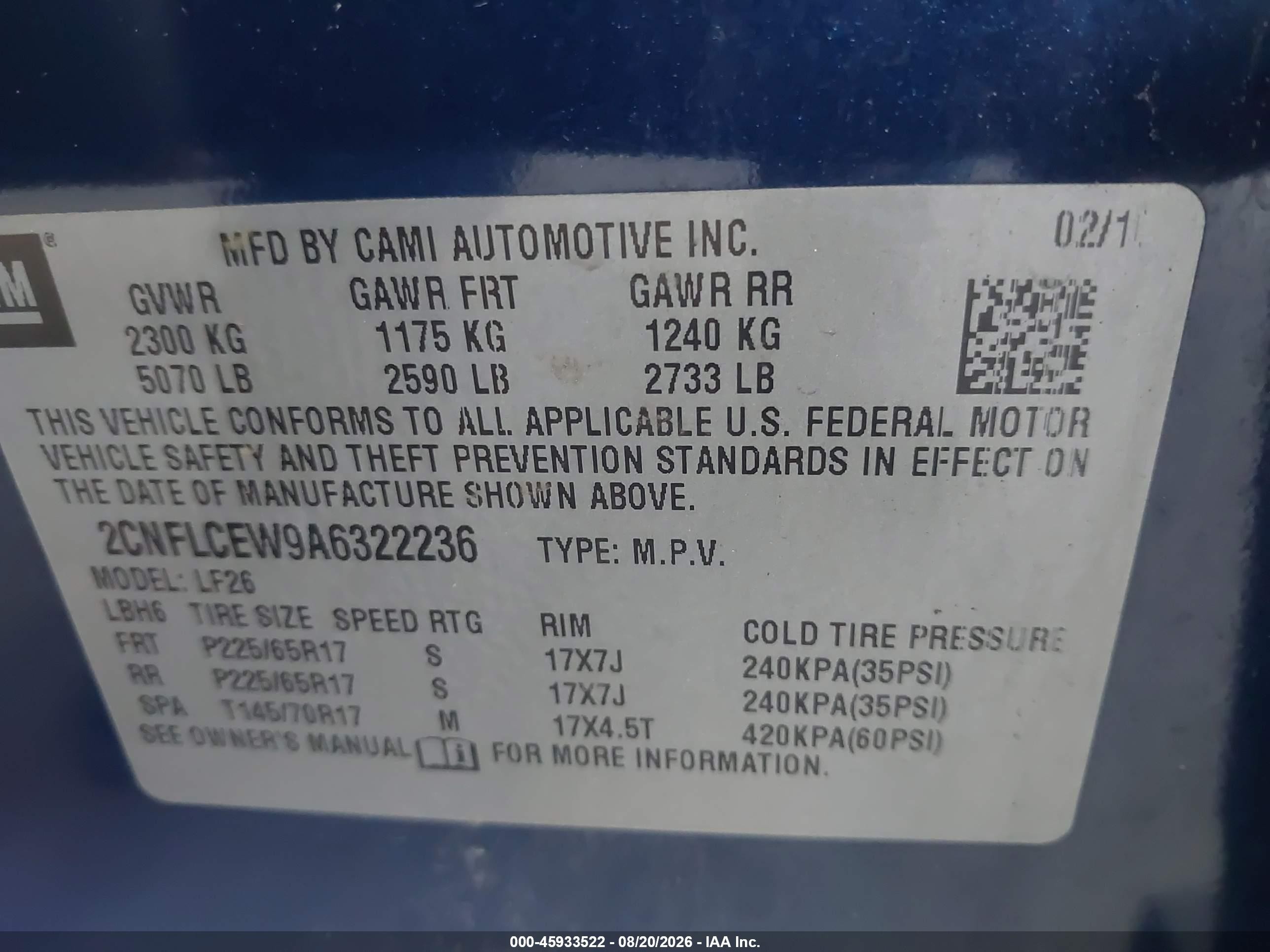 2010 Chevrolet Equinox Ls Blue vin: 2CNFLCEW9A6322236