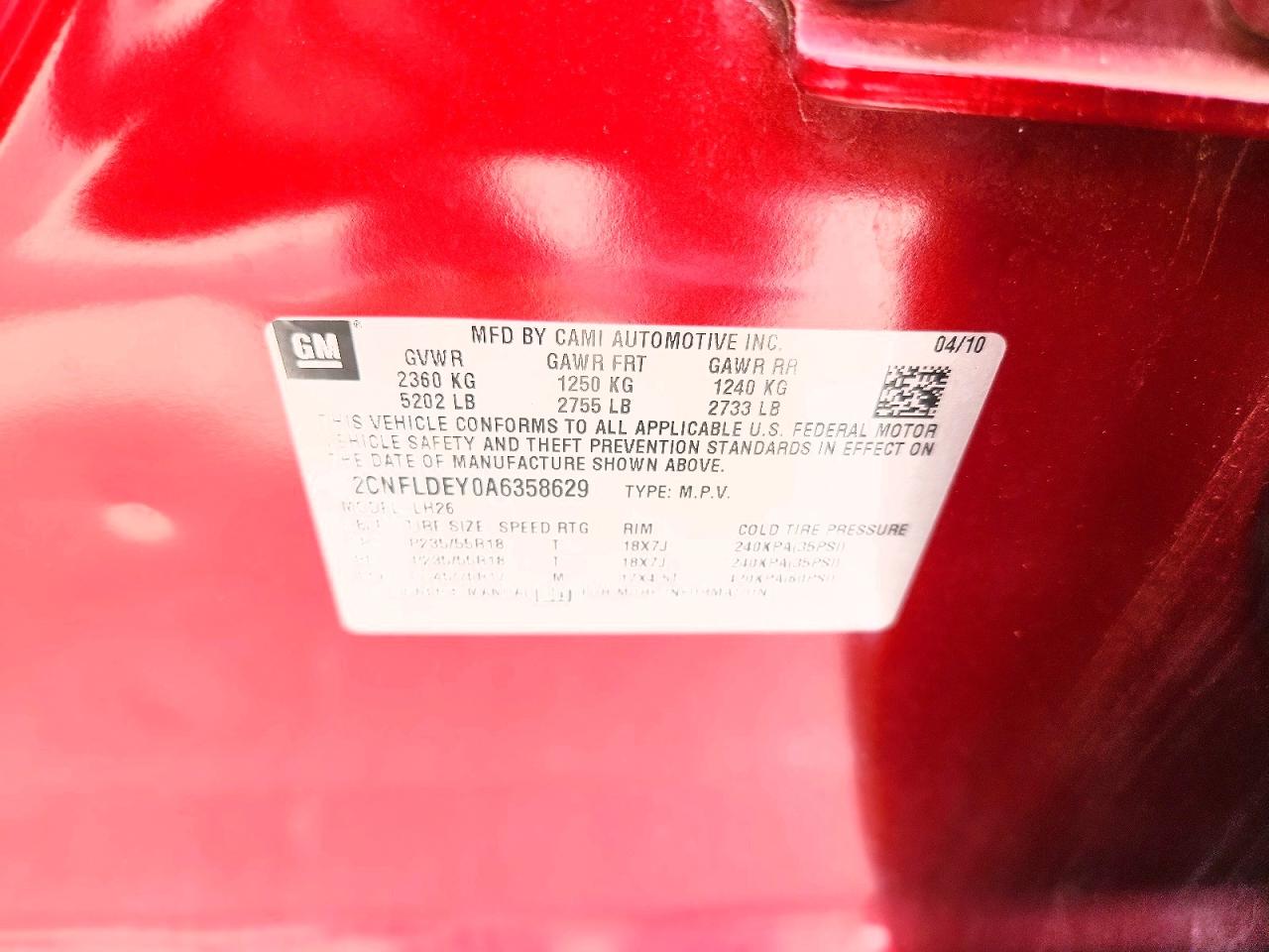 2010 Chevrolet Eqinox Red vin: 2CNFLDEY0A6358629