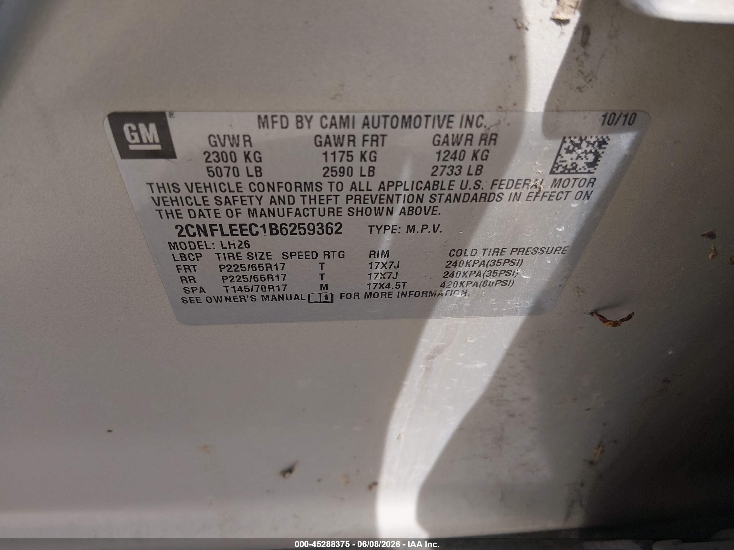 2011 Chevrolet Equinox 1lt Tan vin: 2CNFLEEC1B6259362