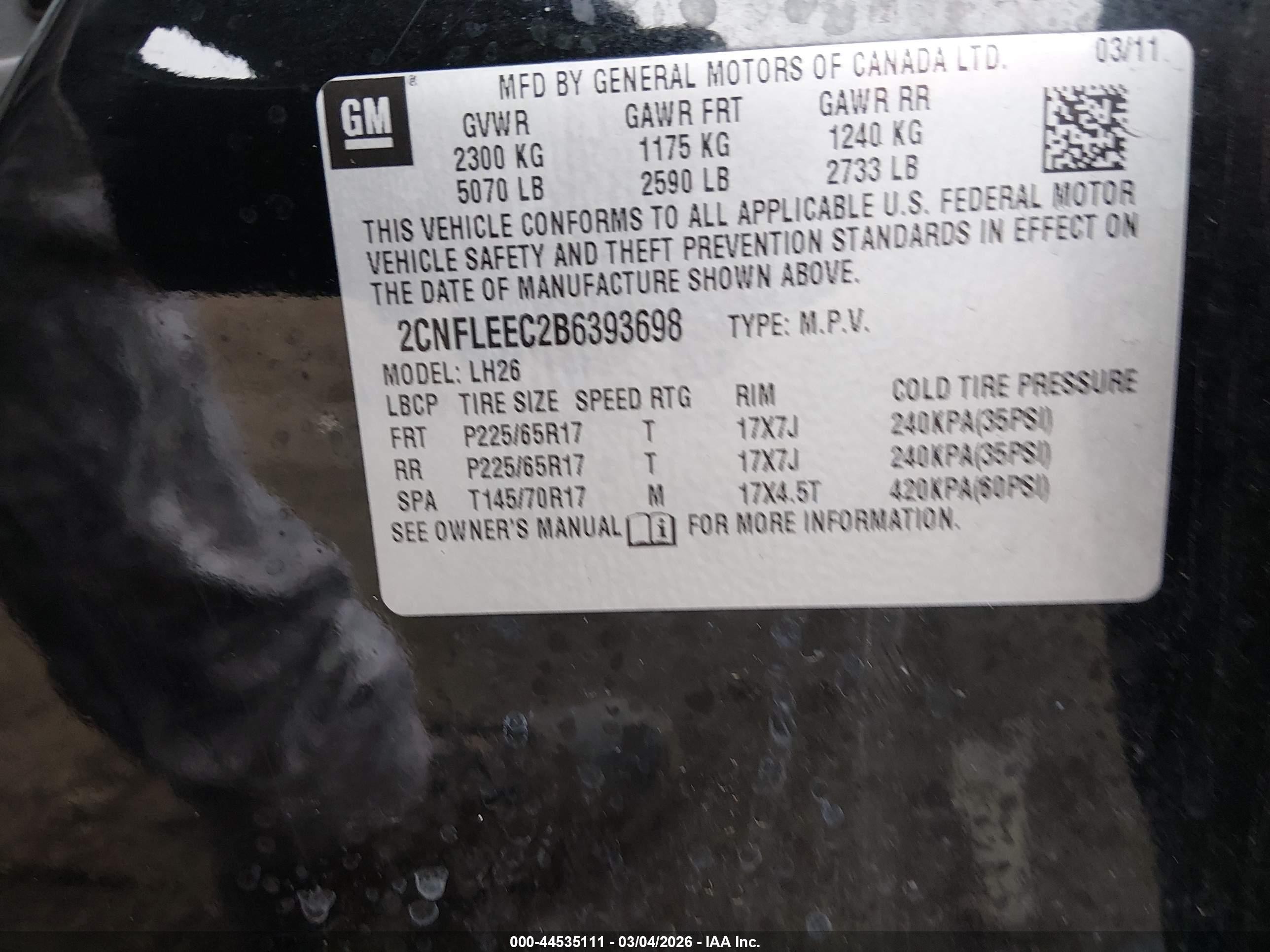 2011 Chevrolet Equinox 1lt Черный vin: 2CNFLEEC2B6393698