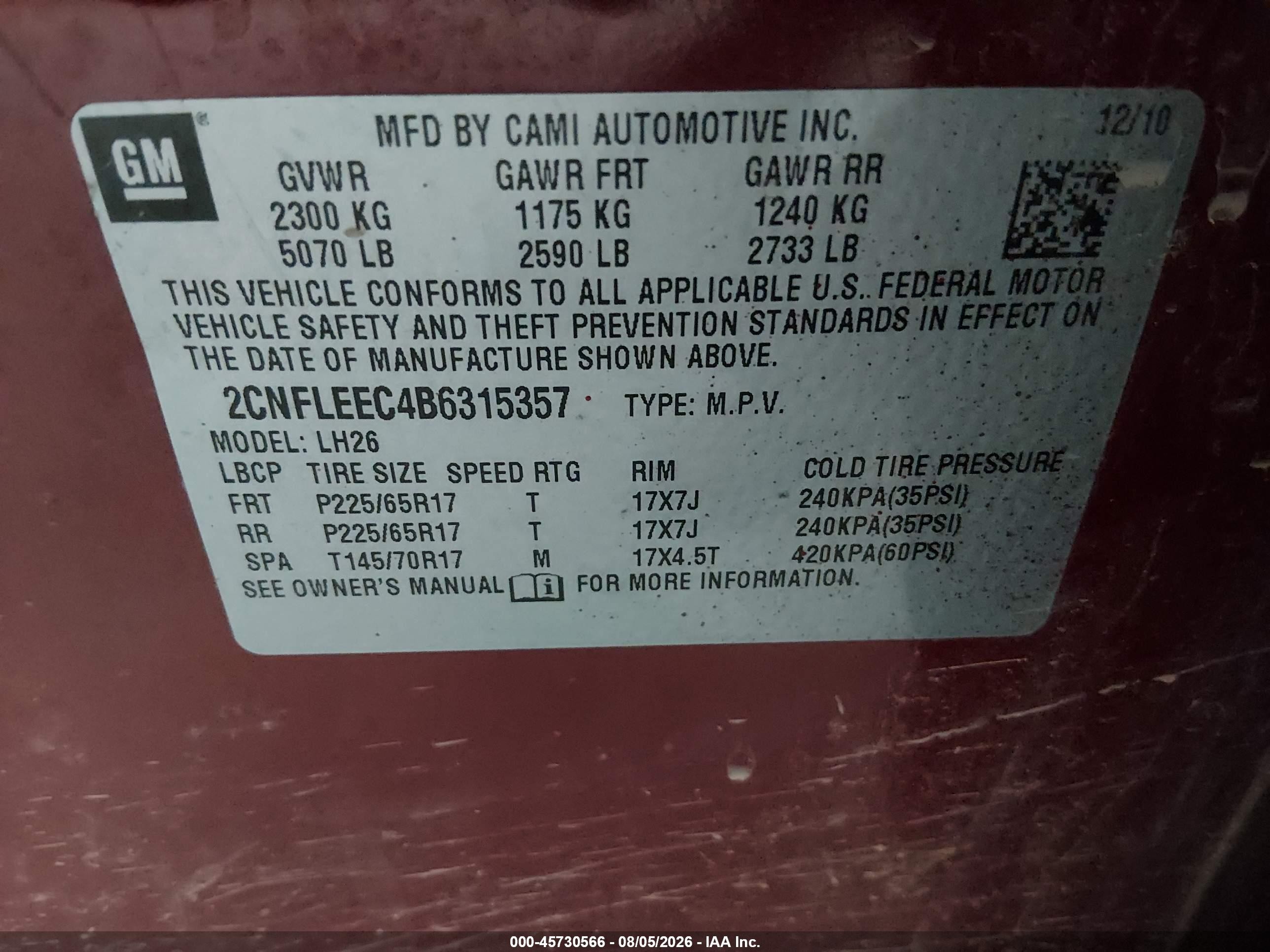 2011 Chevrolet Equinox Lt W/1lt Burgundy vin: 2CNFLEEC4B6315357