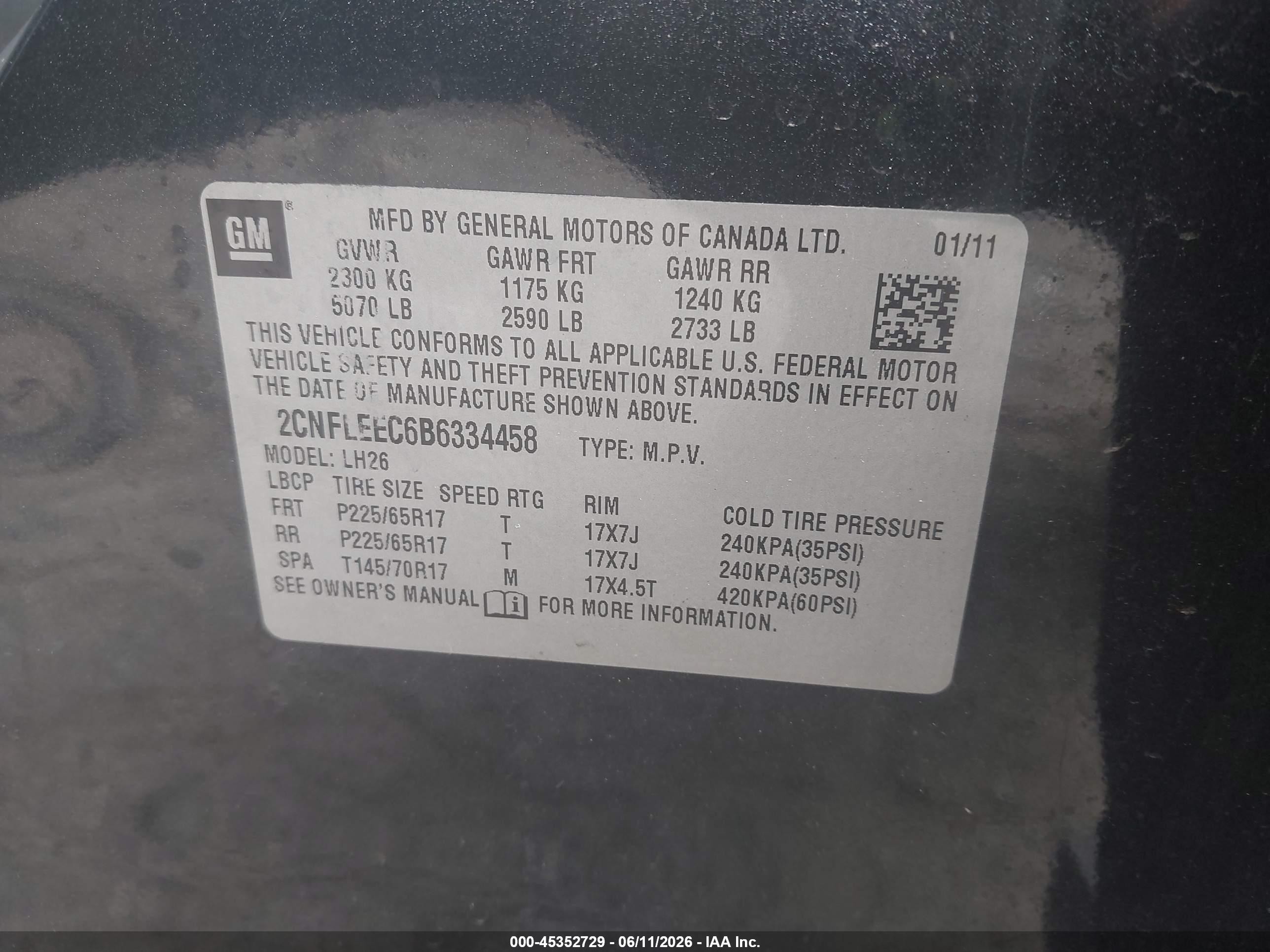 2011 Chevrolet Equinox 1lt Black vin: 2CNFLEEC6B6334458