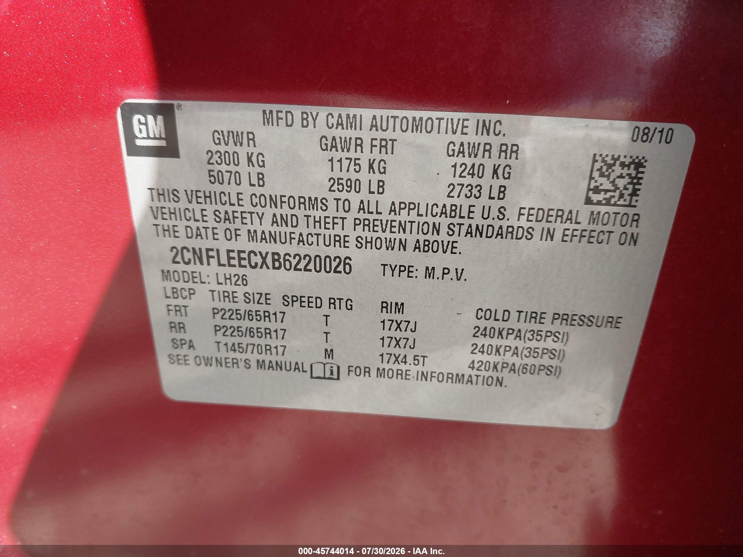2011 Chevrolet Equinox Lt W/1lt Red vin: 2CNFLEECXB6220026