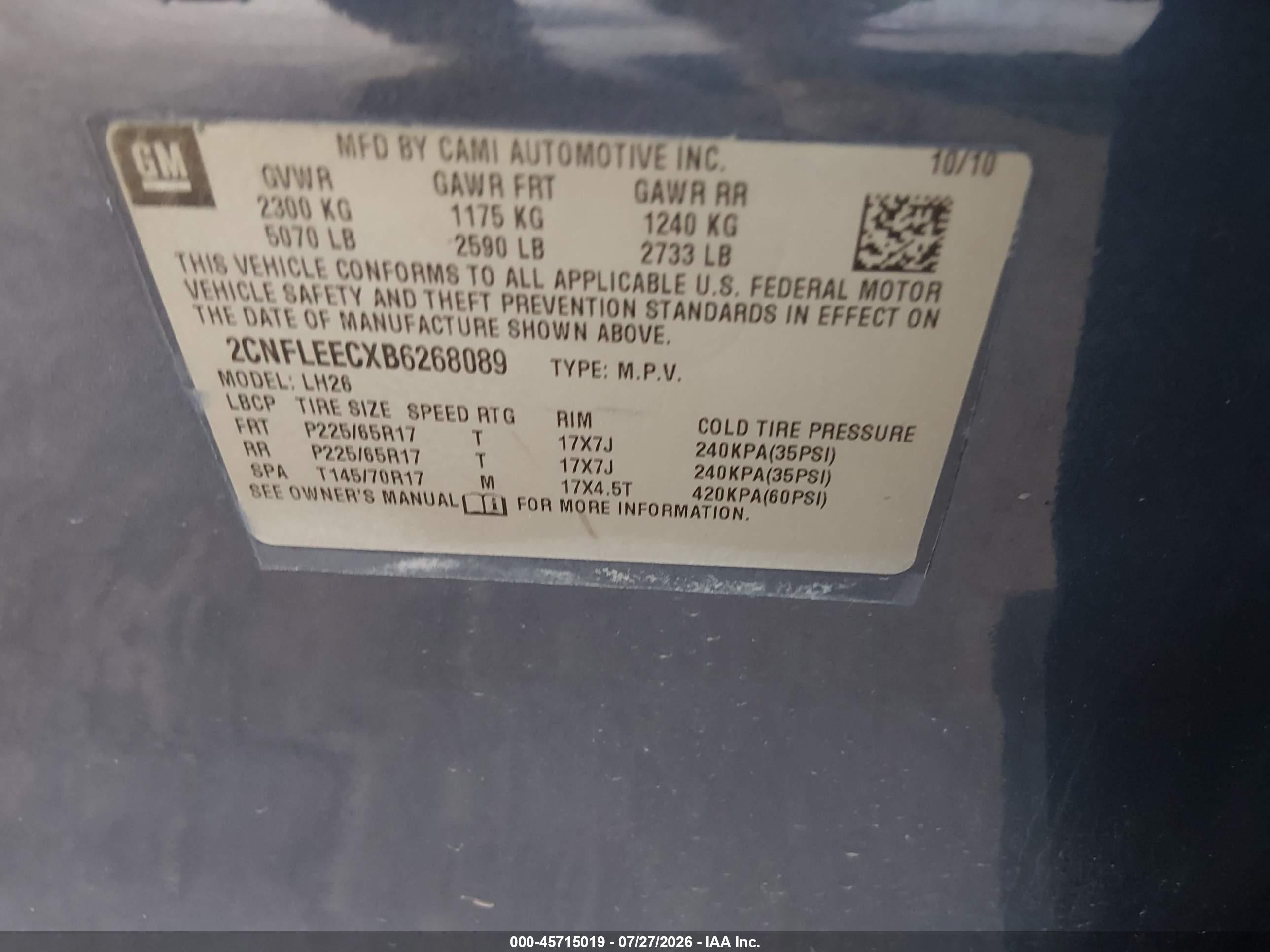 2011 Chevrolet Equinox Lt W/1lt Blue vin: 2CNFLEECXB6268089