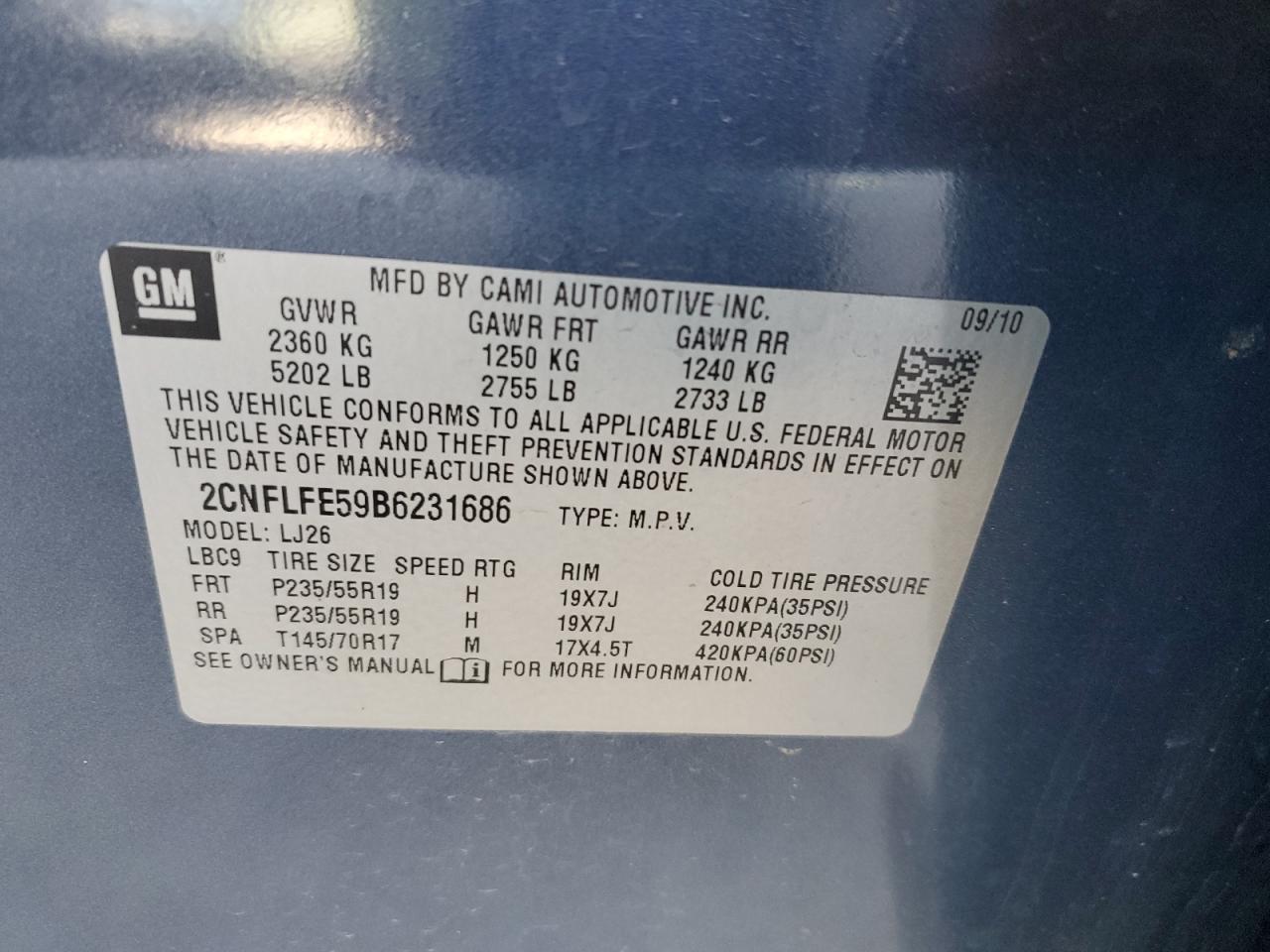 2011 Chevrolet Equinox Ltz Blue vin: 2CNFLFE59B6231686