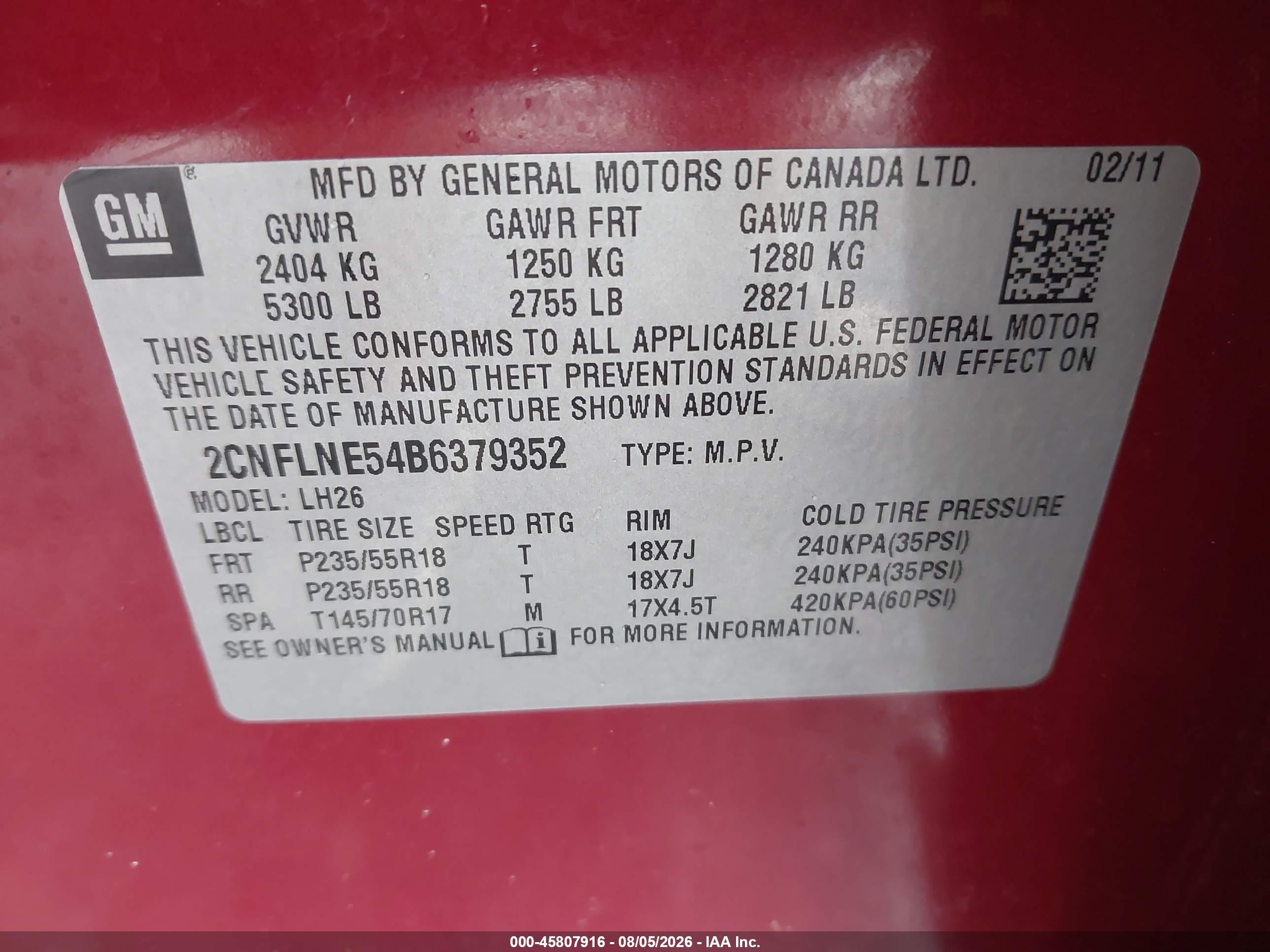 2011 Chevrolet Equinox Lt W/2lt Red vin: 2CNFLNE54B6379352