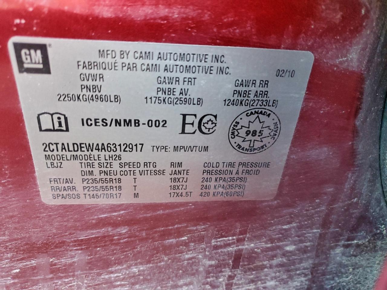 2010 Gmc Terrain Sle Red vin: 2CTALDEW4A6312917