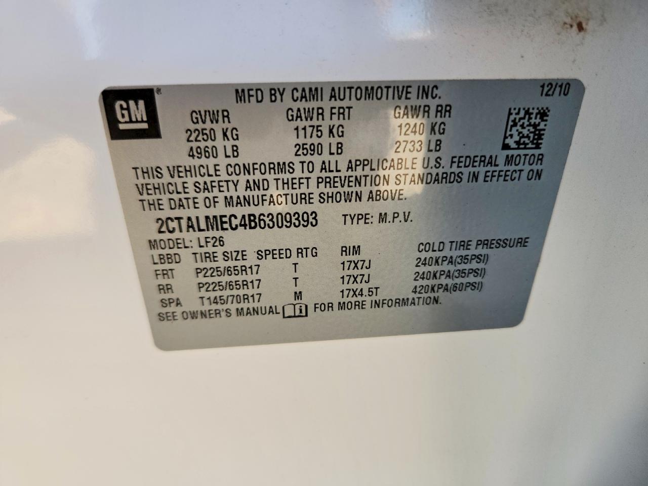 2011 Gmc Terrain Sle White vin: 2CTALMEC4B6309393