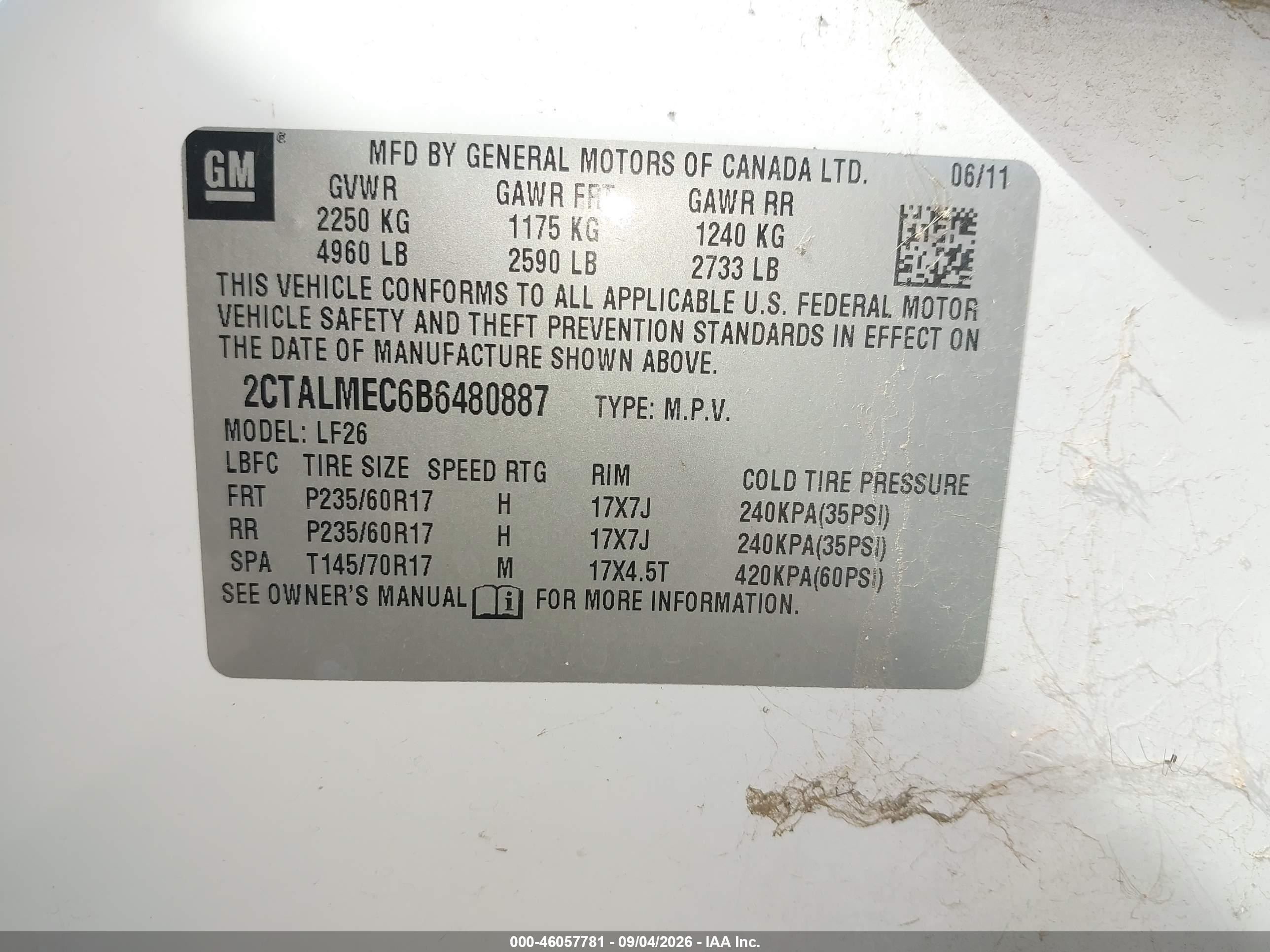 2011 Gmc Terrain Sle-1 White vin: 2CTALMEC6B6480887