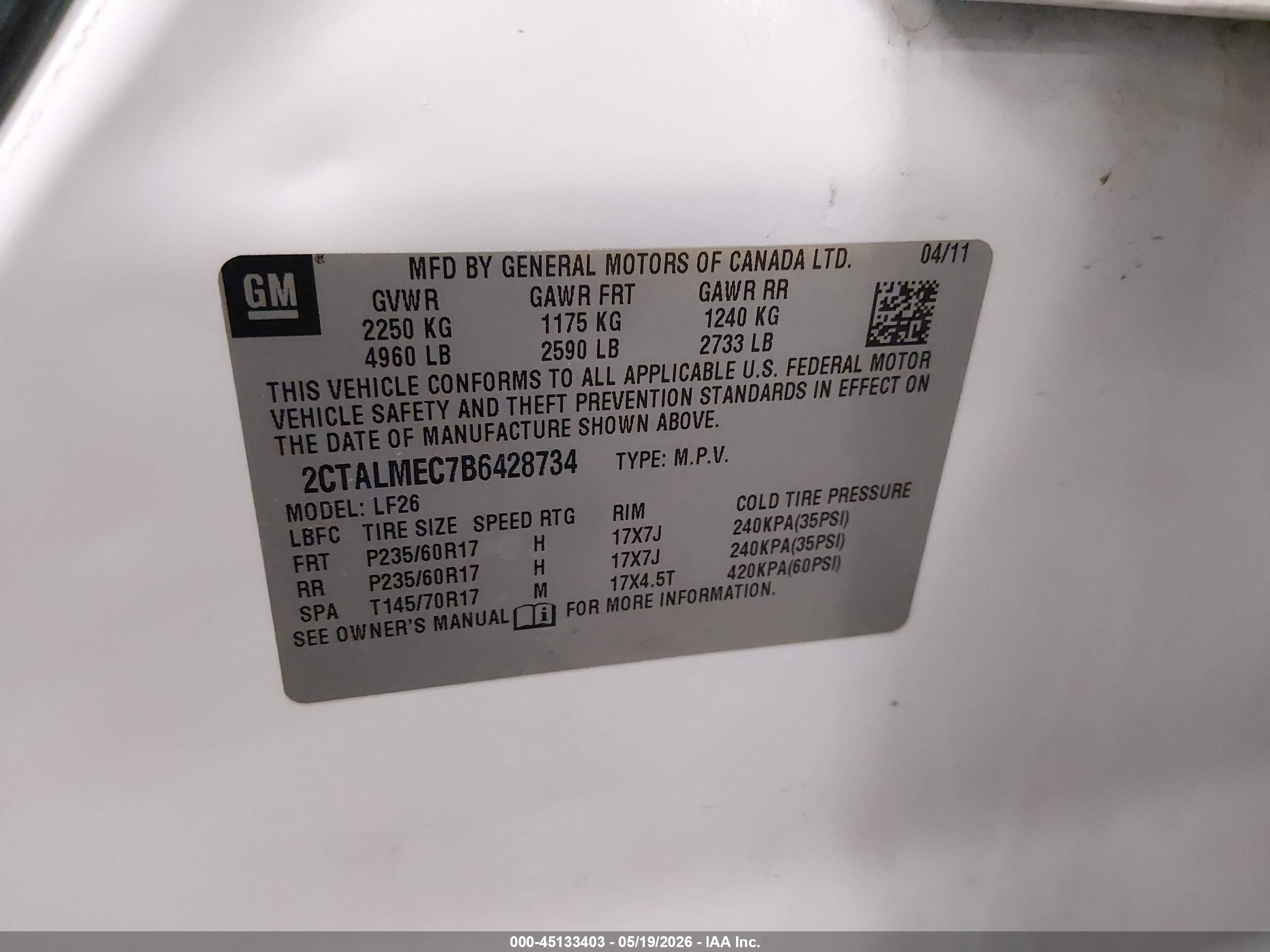2011 Gmc Terrain Sle-1 White vin: 2CTALMEC7B6428734