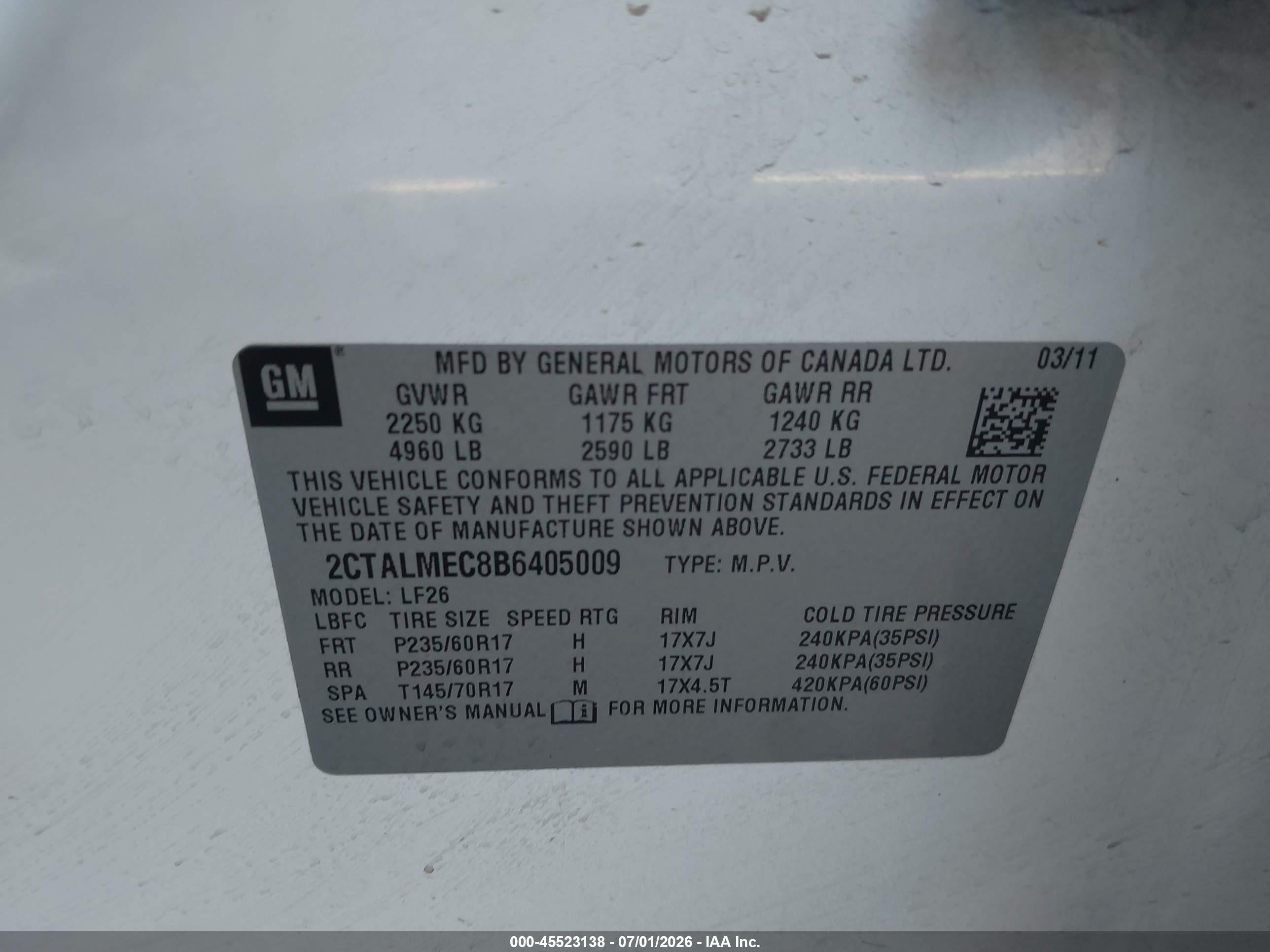 2011 Gmc Terrain Sle-1 White vin: 2CTALMEC8B6405009