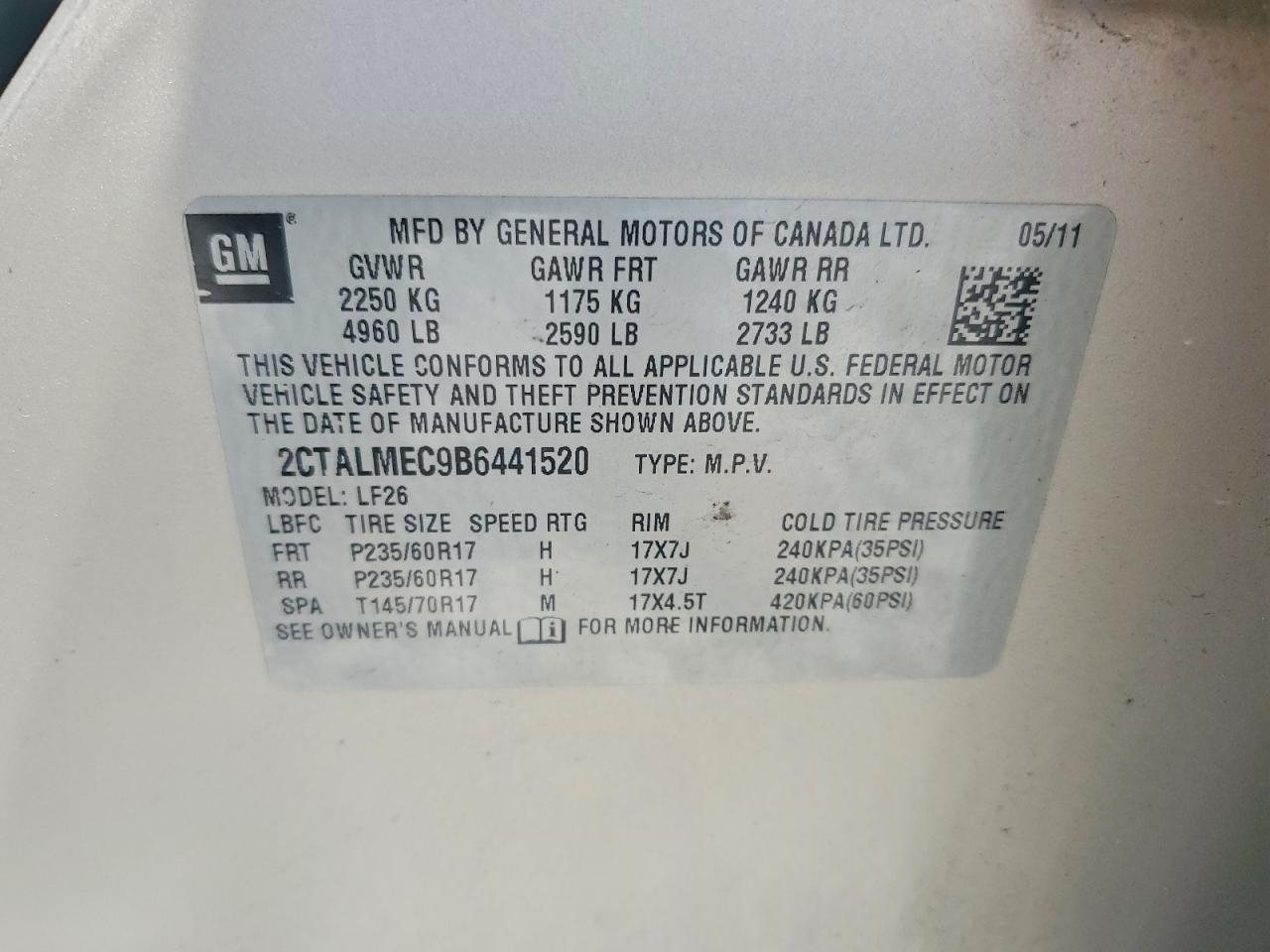 2011 Gmc Terrain Cream vin: 2CTALMEC9B6441520