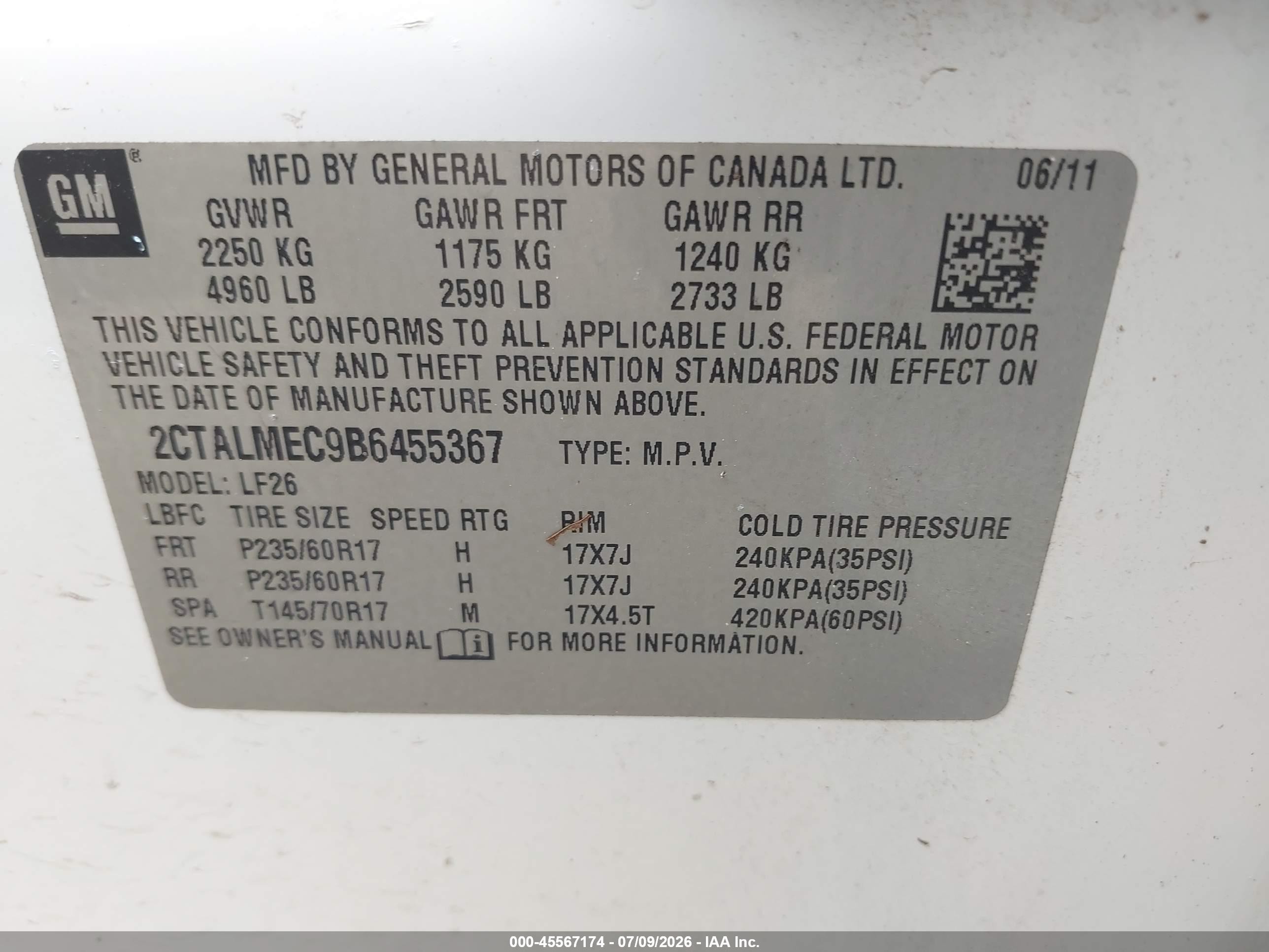 2011 Gmc Terrain Sle-1 White vin: 2CTALMEC9B6455367