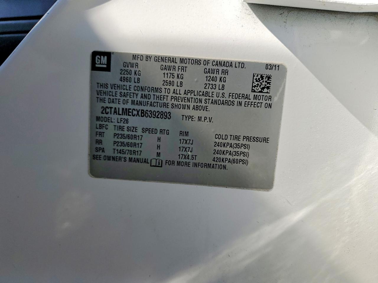 2011 Gmc Terrain Sle White vin: 2CTALMECXB6392893