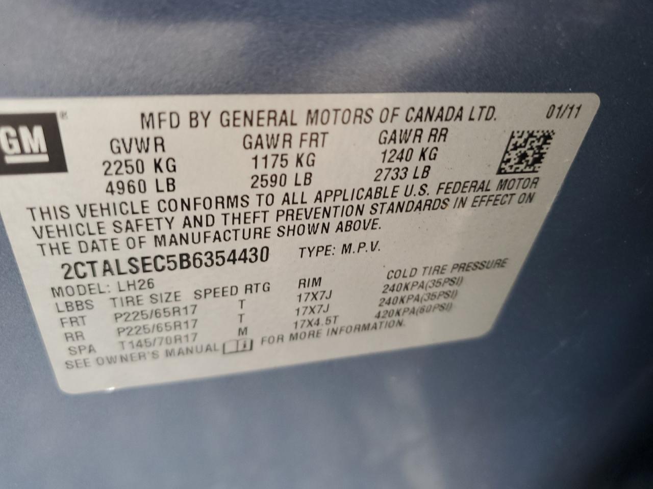 2011 Gmc Terrain Sle Blue vin: 2CTALSEC5B6354430