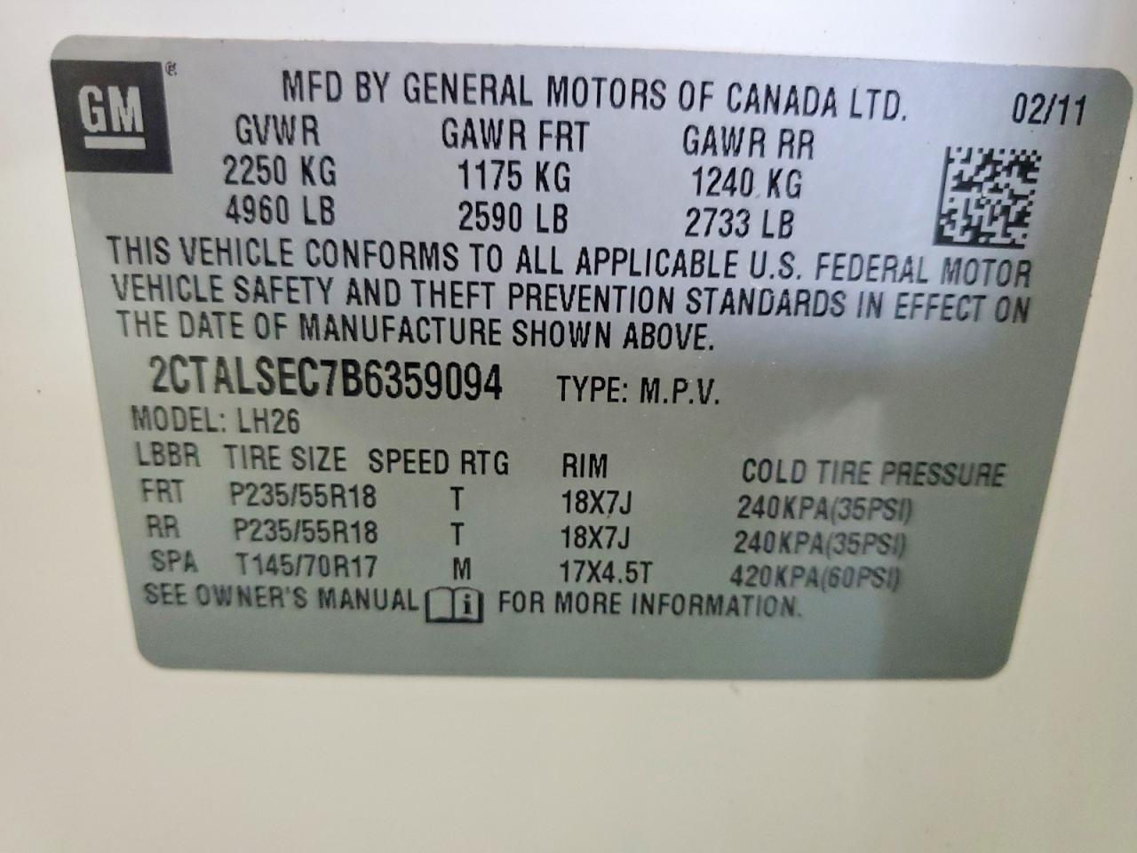 2011 Gmc Terrain Sle White vin: 2CTALSEC7B6359094