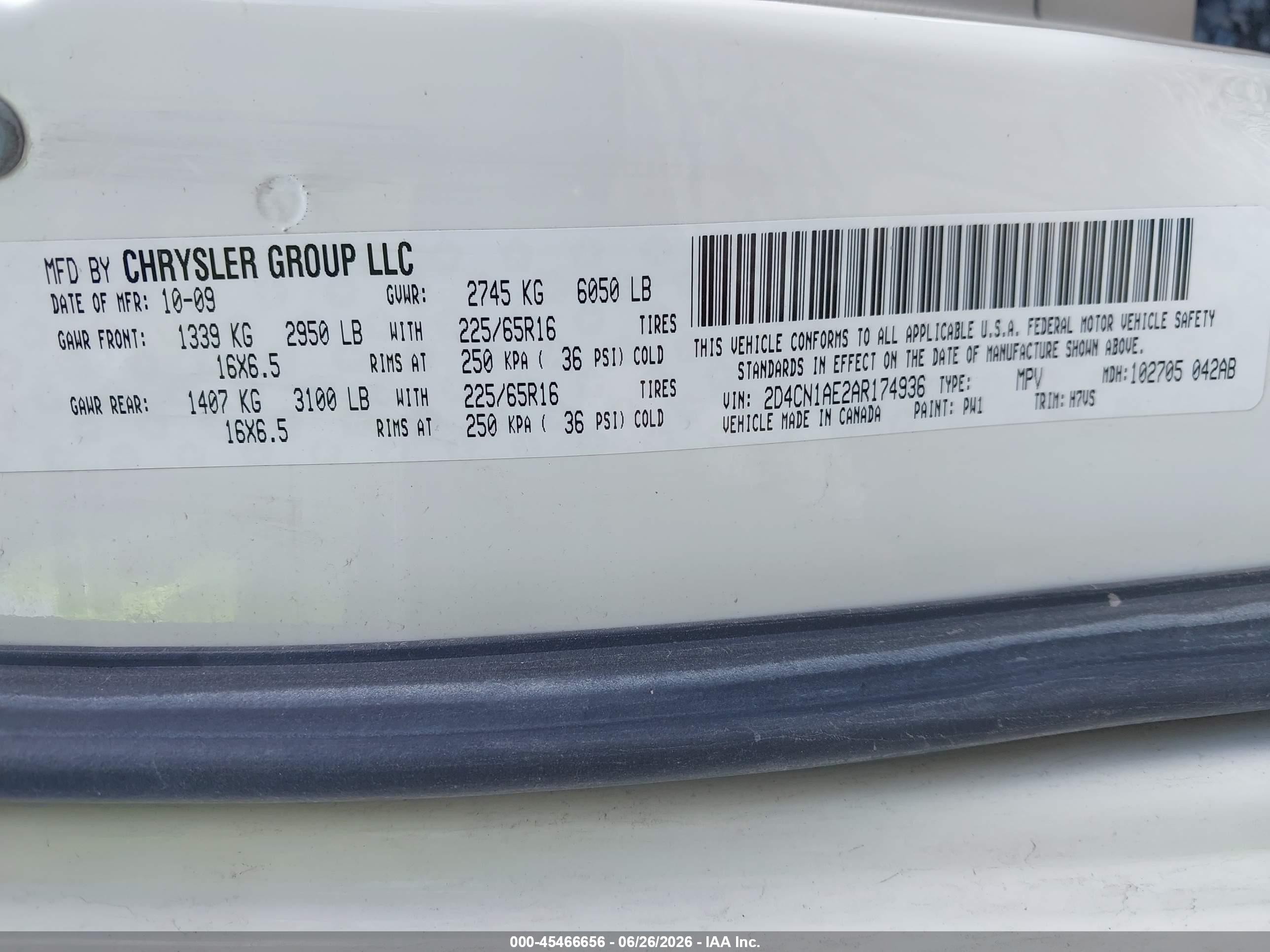 2010 Dodge Grand Caravan C/v White vin: 2D4CN1AE2AR174936
