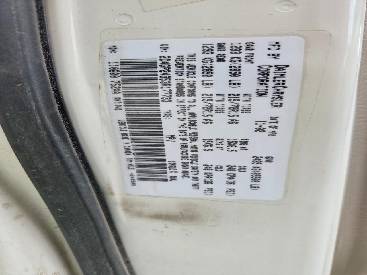 2003 Dodge Grand Caravan Se White vin: 2D4GP24353R177733