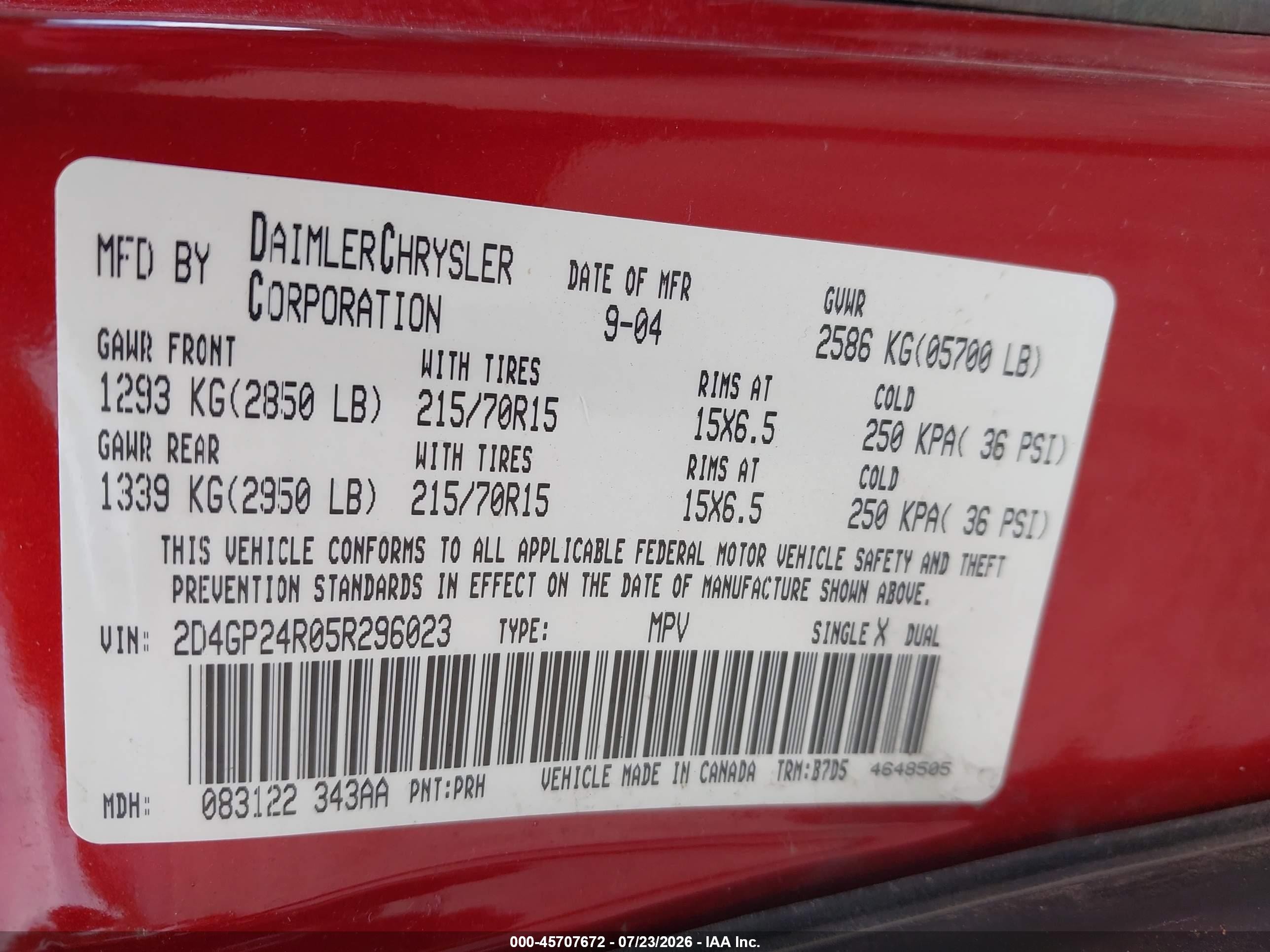 2005 Dodge Grand Caravan Se Red vin: 2D4GP24R05R296023