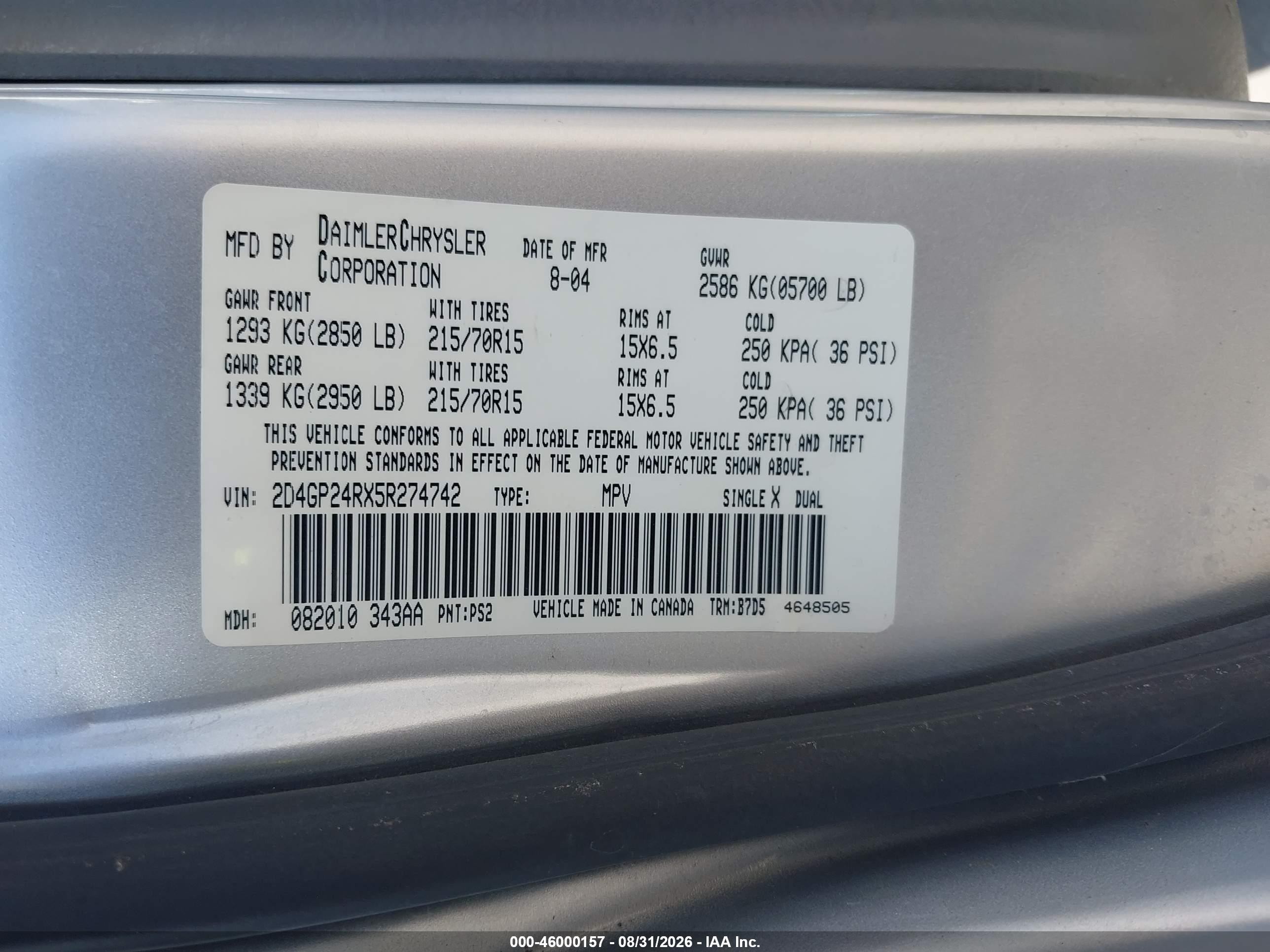 2005 Dodge Grand Caravan Se Silver vin: 2D4GP24RX5R274742