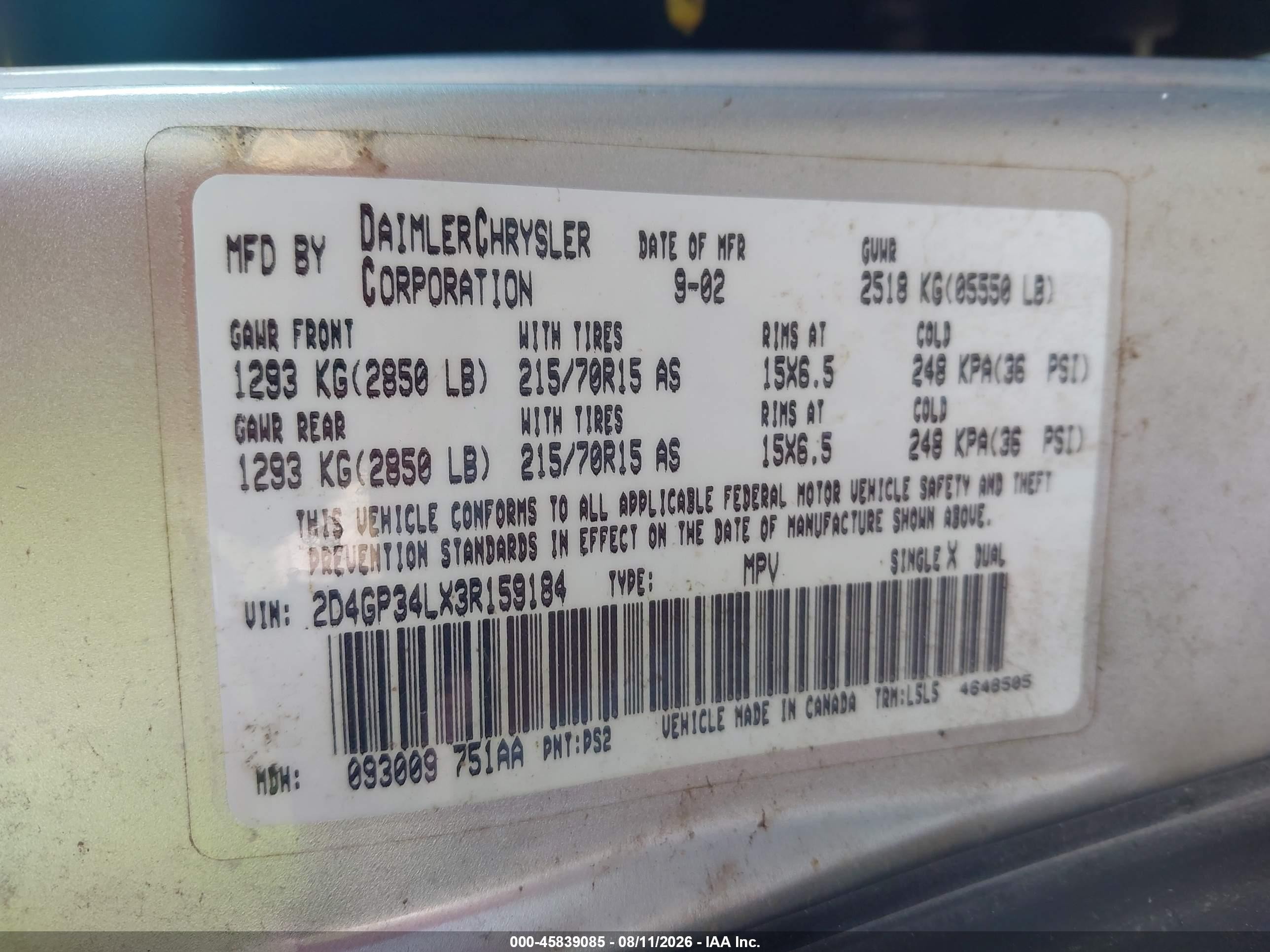 2003 Dodge Grand Caravan El Silver vin: 2D4GP34LX3R159184