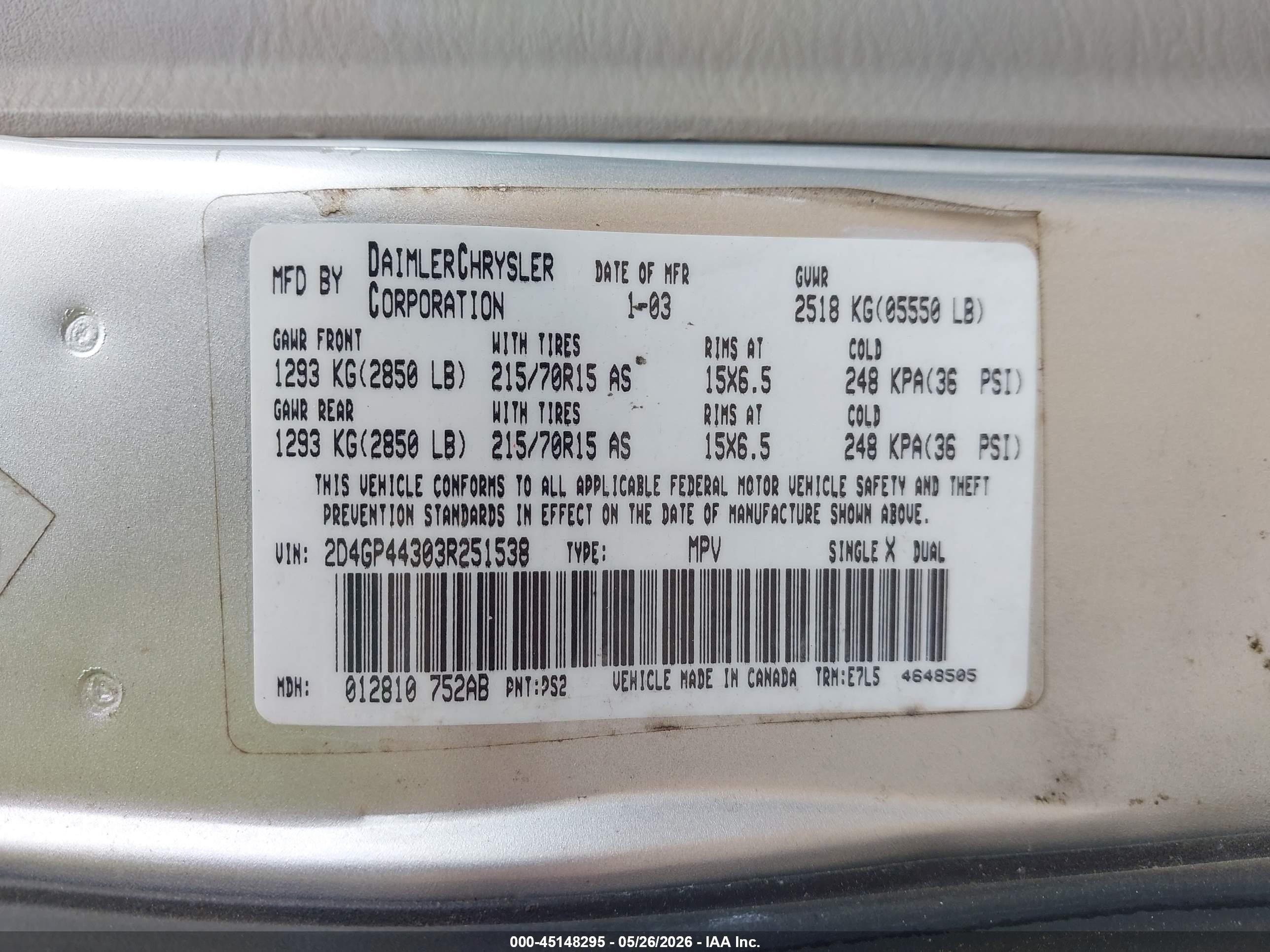 2003 Dodge Grand Caravan Sport Silver vin: 2D4GP44303R251538