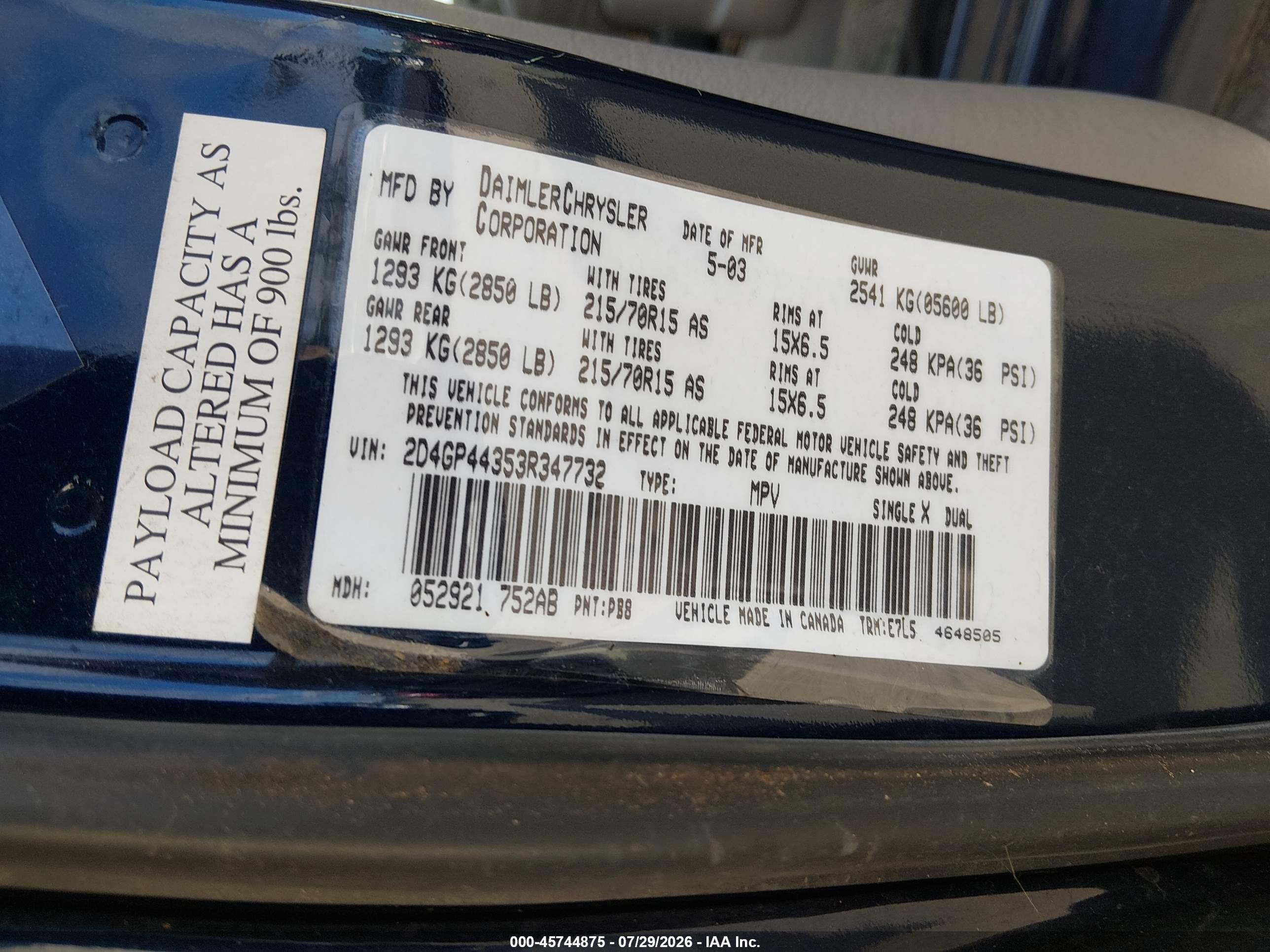 2003 Dodge Grand Caravan Sport Dark Blue vin: 2D4GP44353R347732