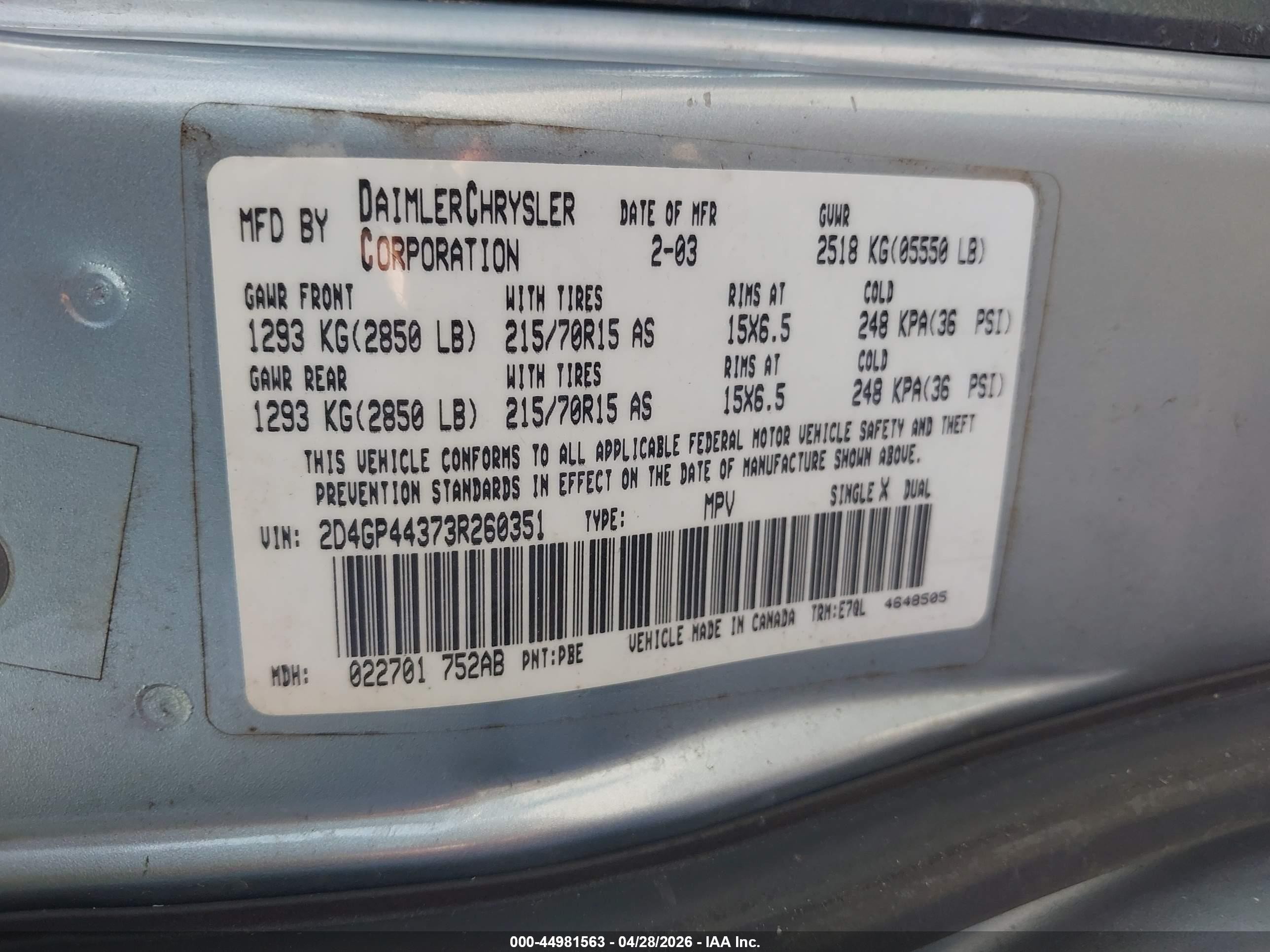 2003 Dodge Grand Caravan Sport Light Blue vin: 2D4GP44373R260351