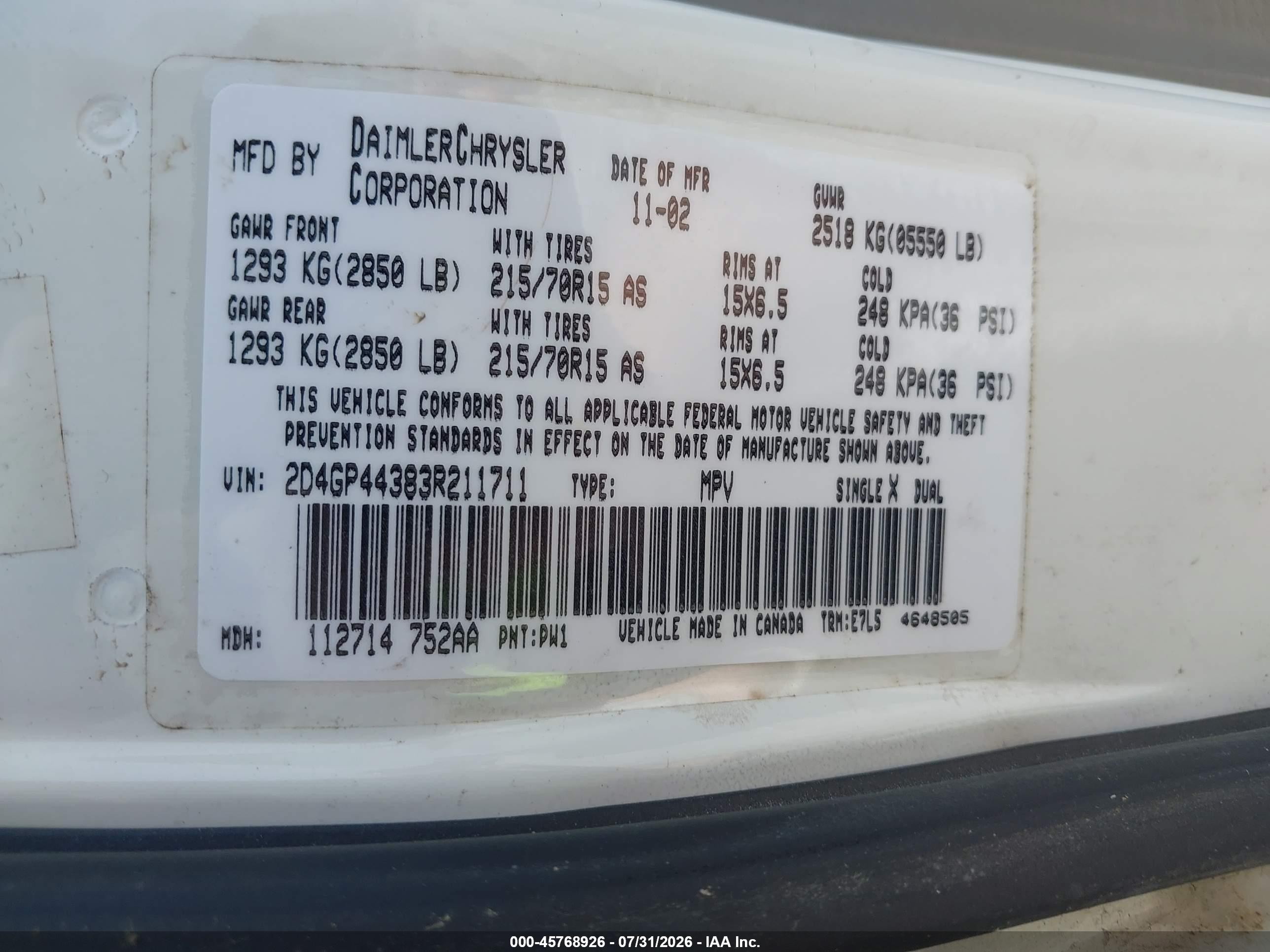 2003 Dodge Grand Caravan Sport White vin: 2D4GP44383R211711
