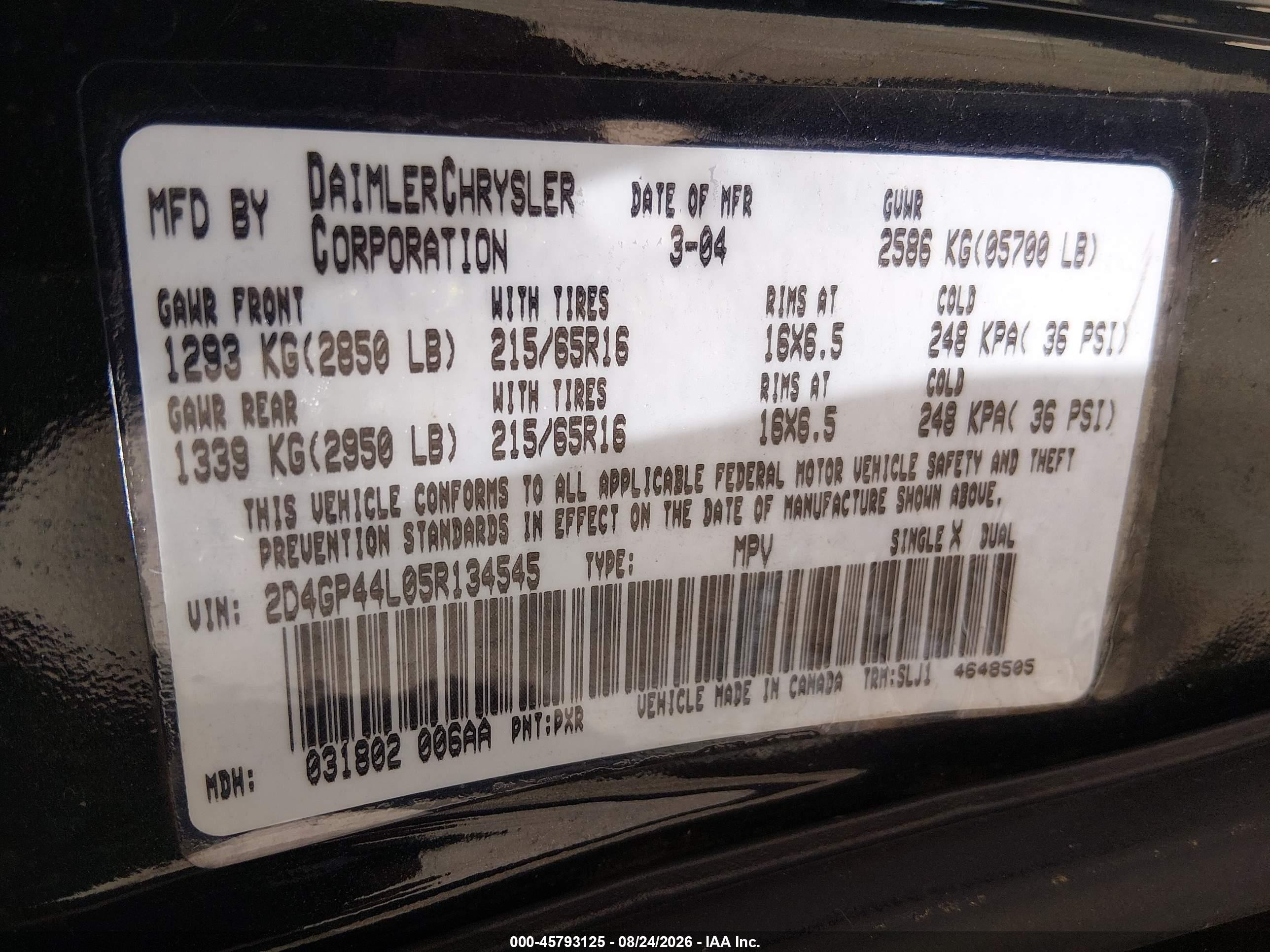2005 Dodge Grand Caravan Sxt Black vin: 2D4GP44L05R134545