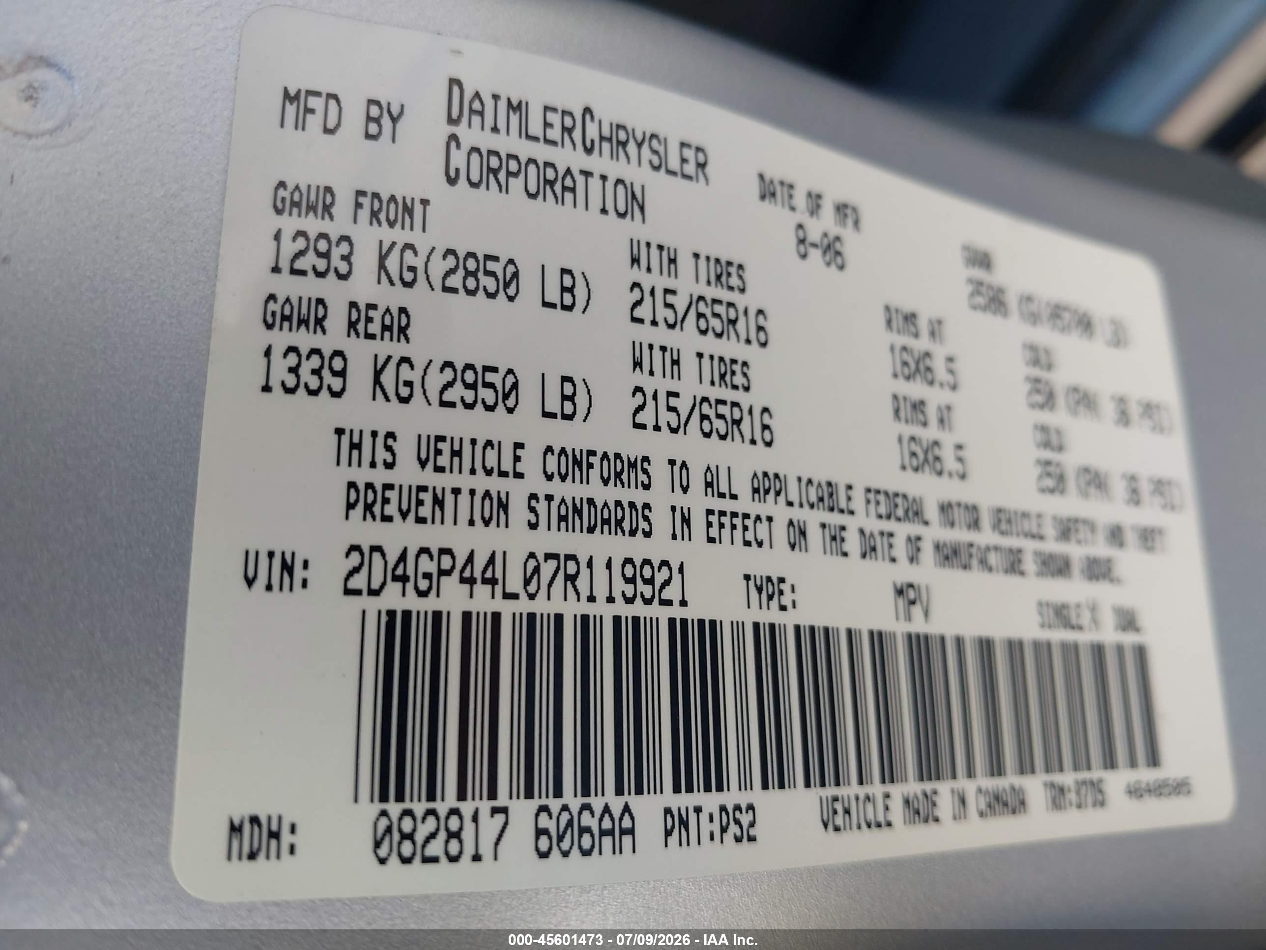 2007 Dodge Grand Caravan Sxt Gray vin: 2D4GP44L07R119921
