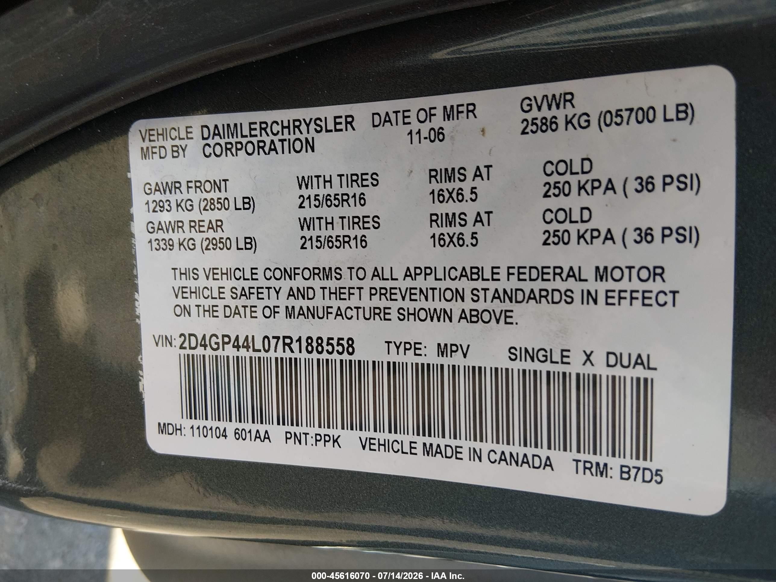 2007 Dodge Grand Caravan Sxt Blue vin: 2D4GP44L07R188558