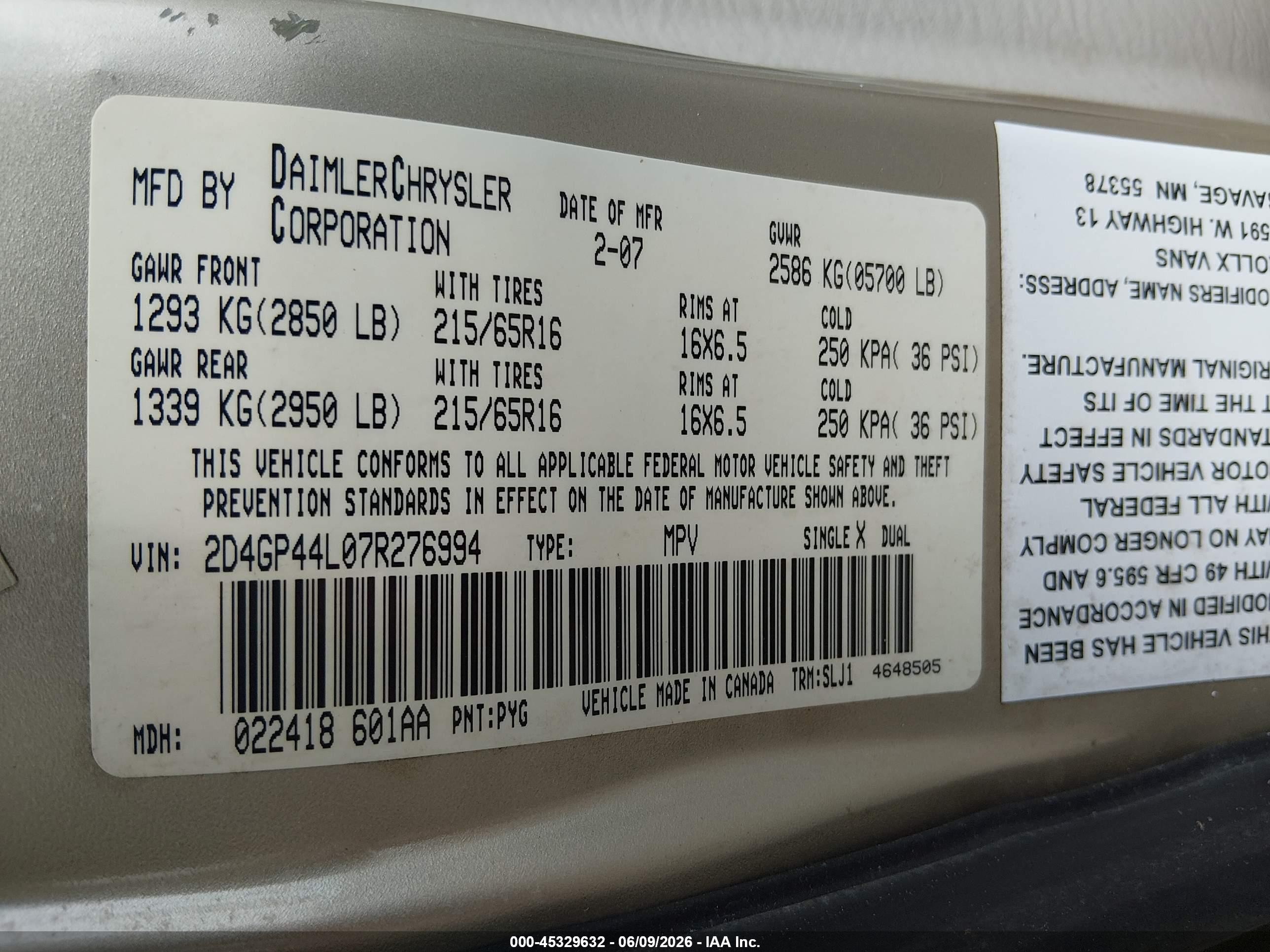 2007 Dodge Grand Caravan Sxt Gold vin: 2D4GP44L07R276994