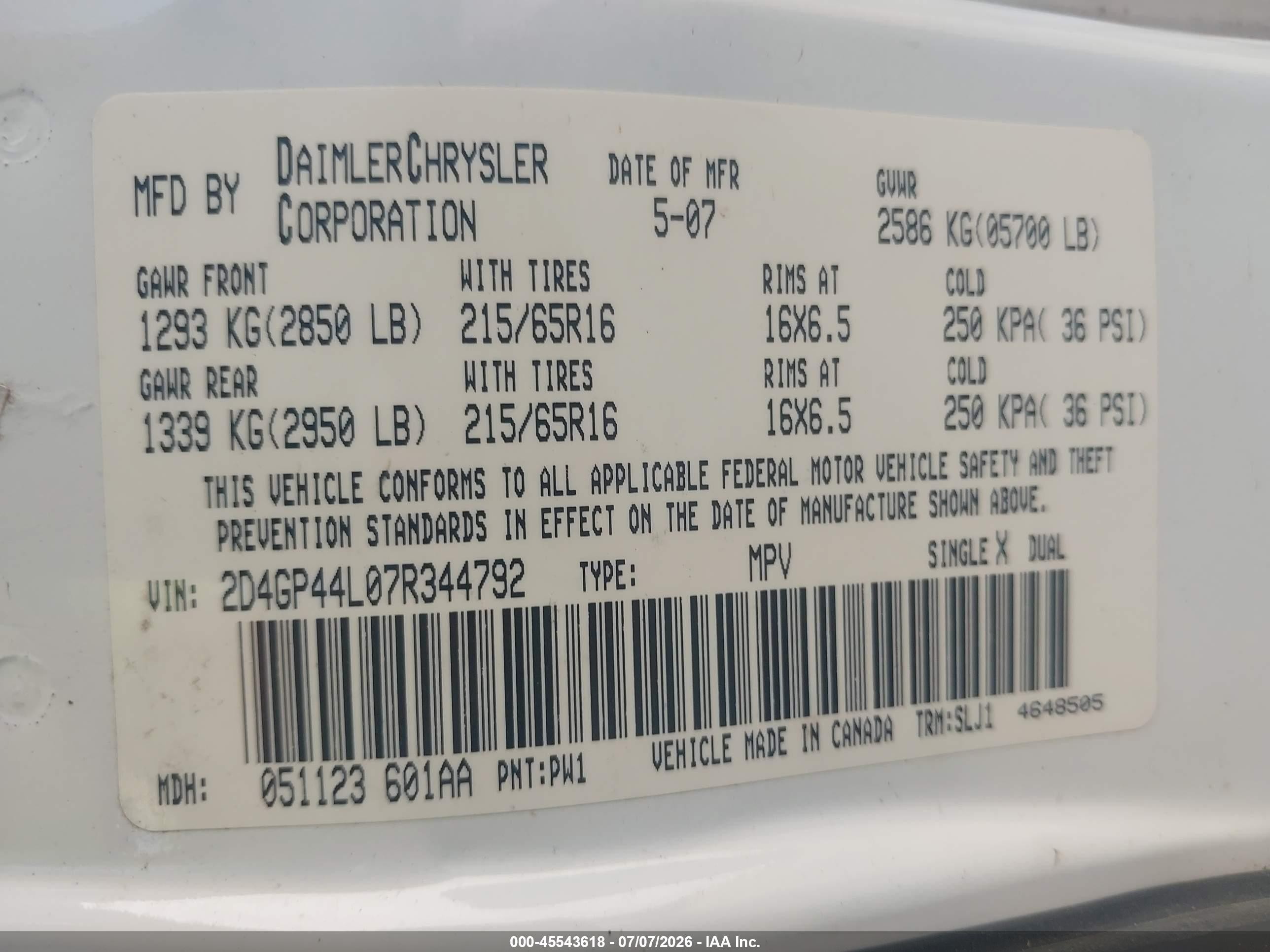 2007 Dodge Grand Caravan Sxt White vin: 2D4GP44L07R344792