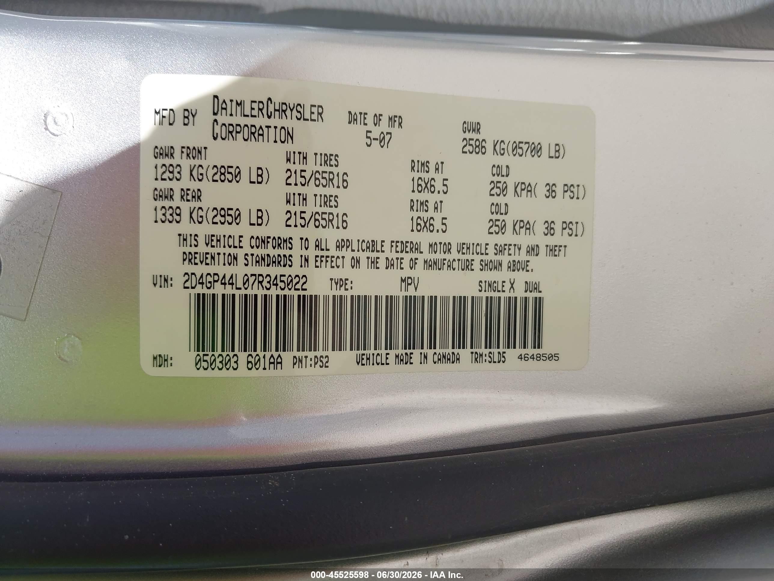 2007 Dodge Grand Caravan Sxt Silver vin: 2D4GP44L07R345022