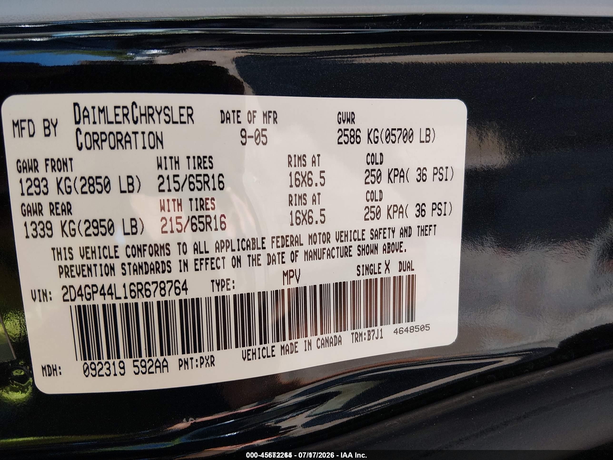 2006 Dodge Grand Caravan Sxt Black vin: 2D4GP44L16R678764