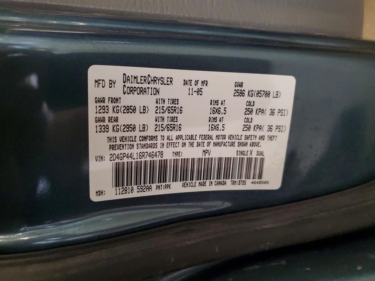 2006 Dodge Grand Caravan Sxt Blue vin: 2D4GP44L16R746478