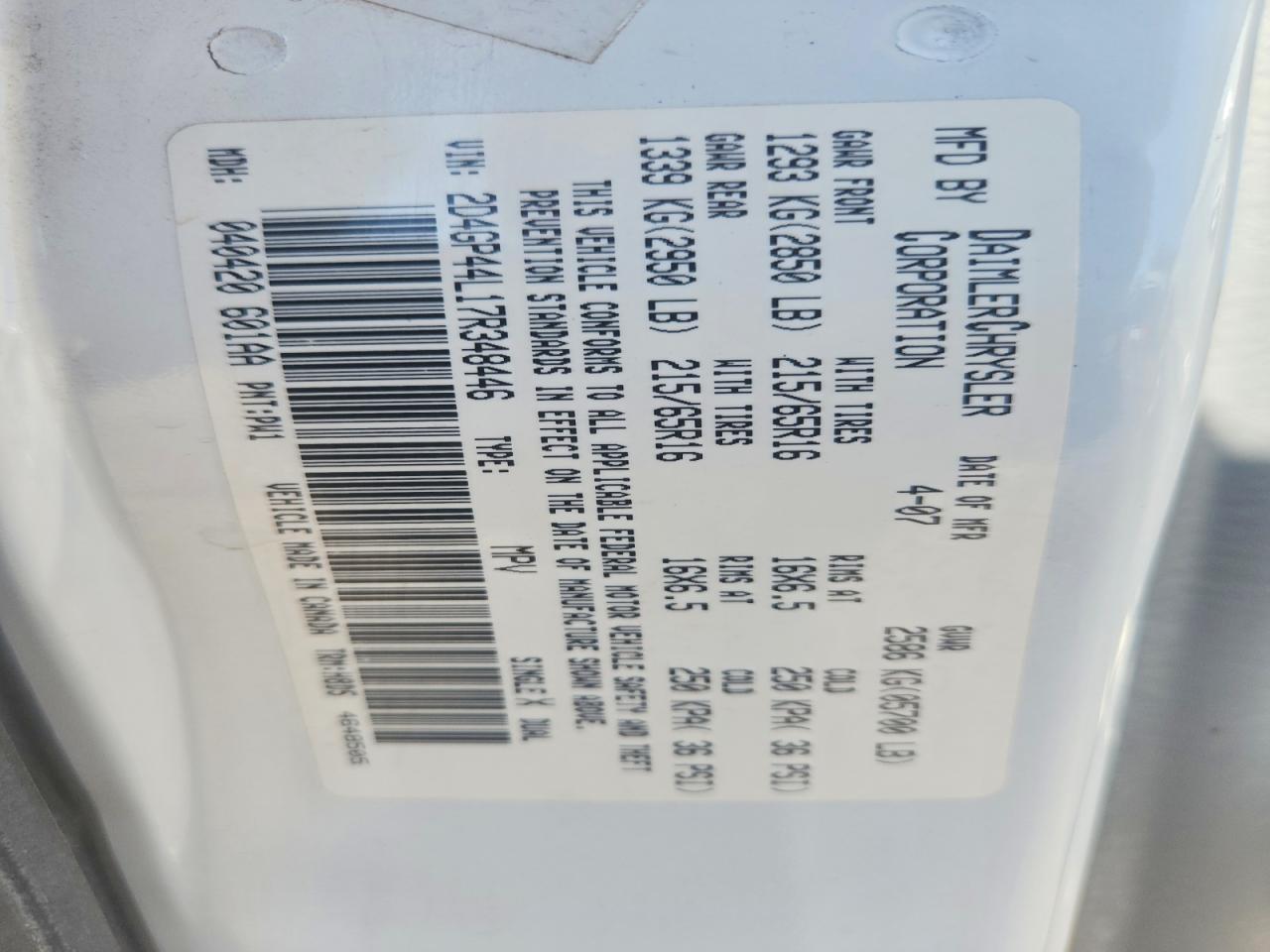 2007 Dodge Grand Caravan Sxt White vin: 2D4GP44L17R348446