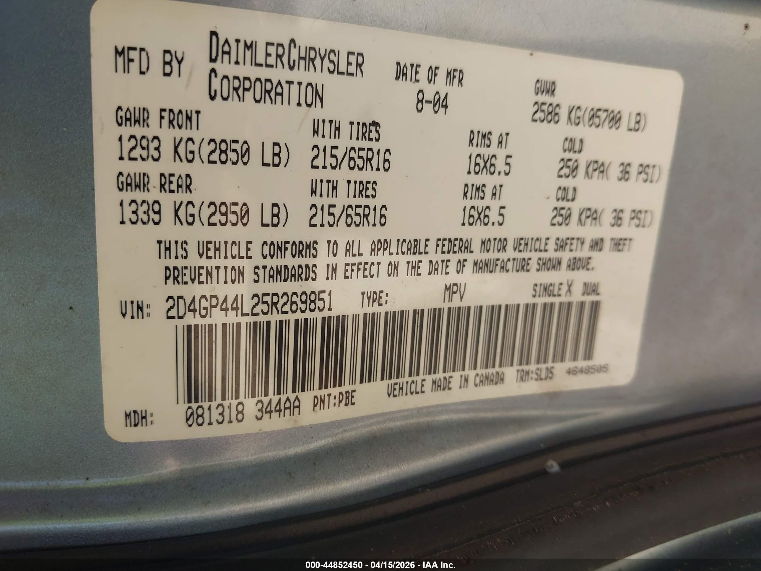 2005 Dodge Grand Caravan Sxt Blue vin: 2D4GP44L25R269851