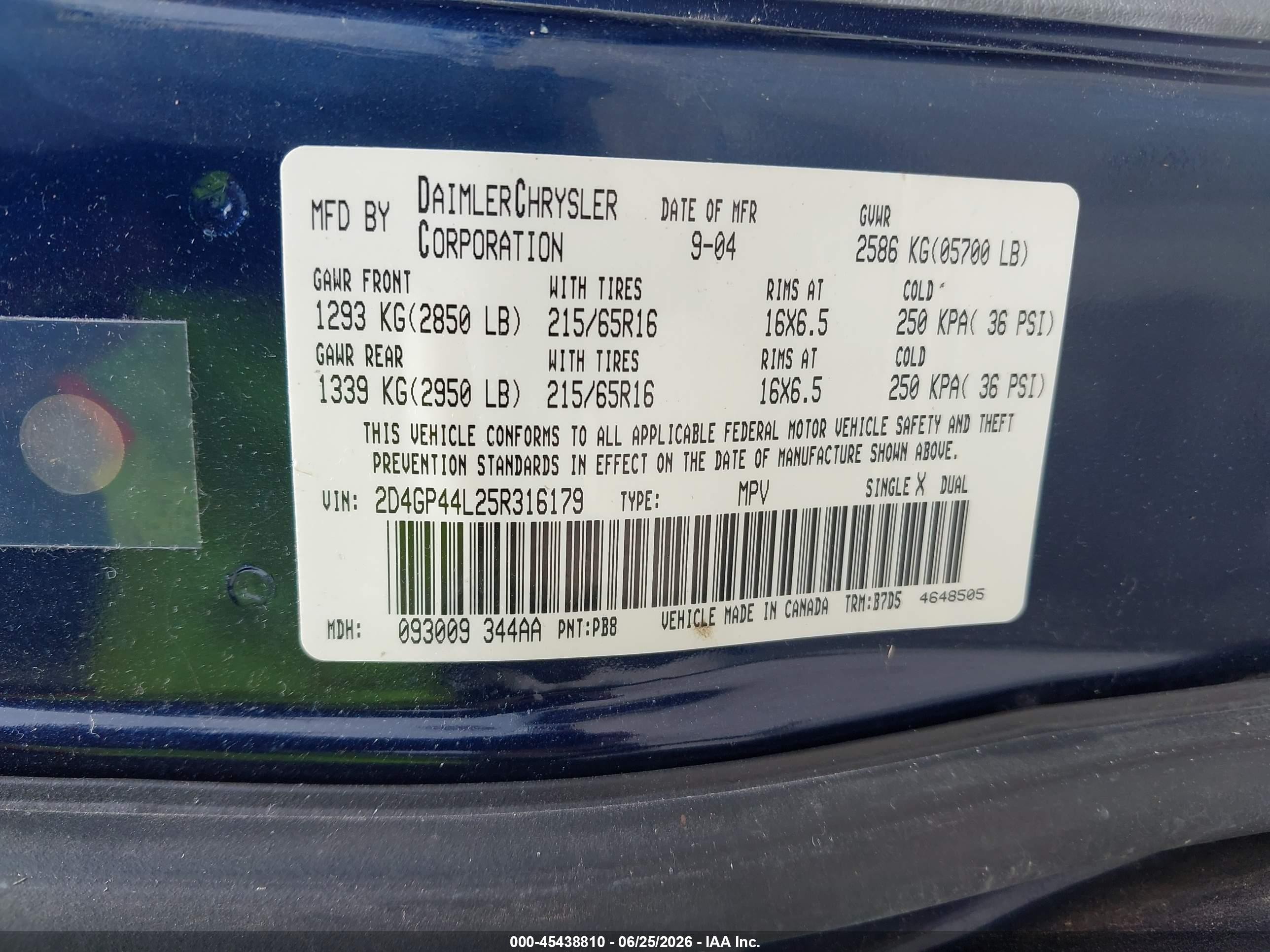2005 Dodge Caravan Sxt Blue vin: 2D4GP44L25R316179