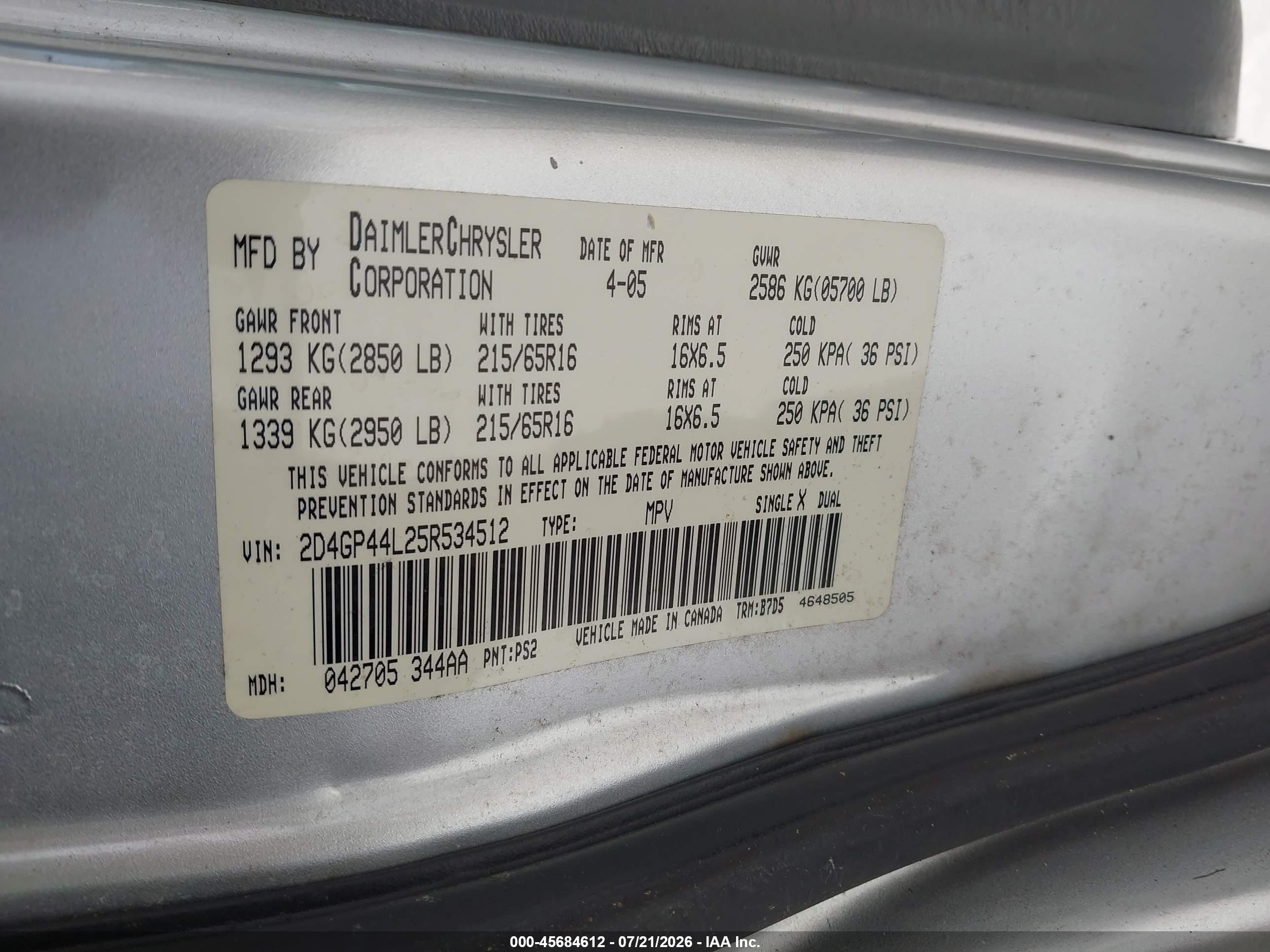 2005 Dodge Caravan Sxt Silver vin: 2D4GP44L25R534512