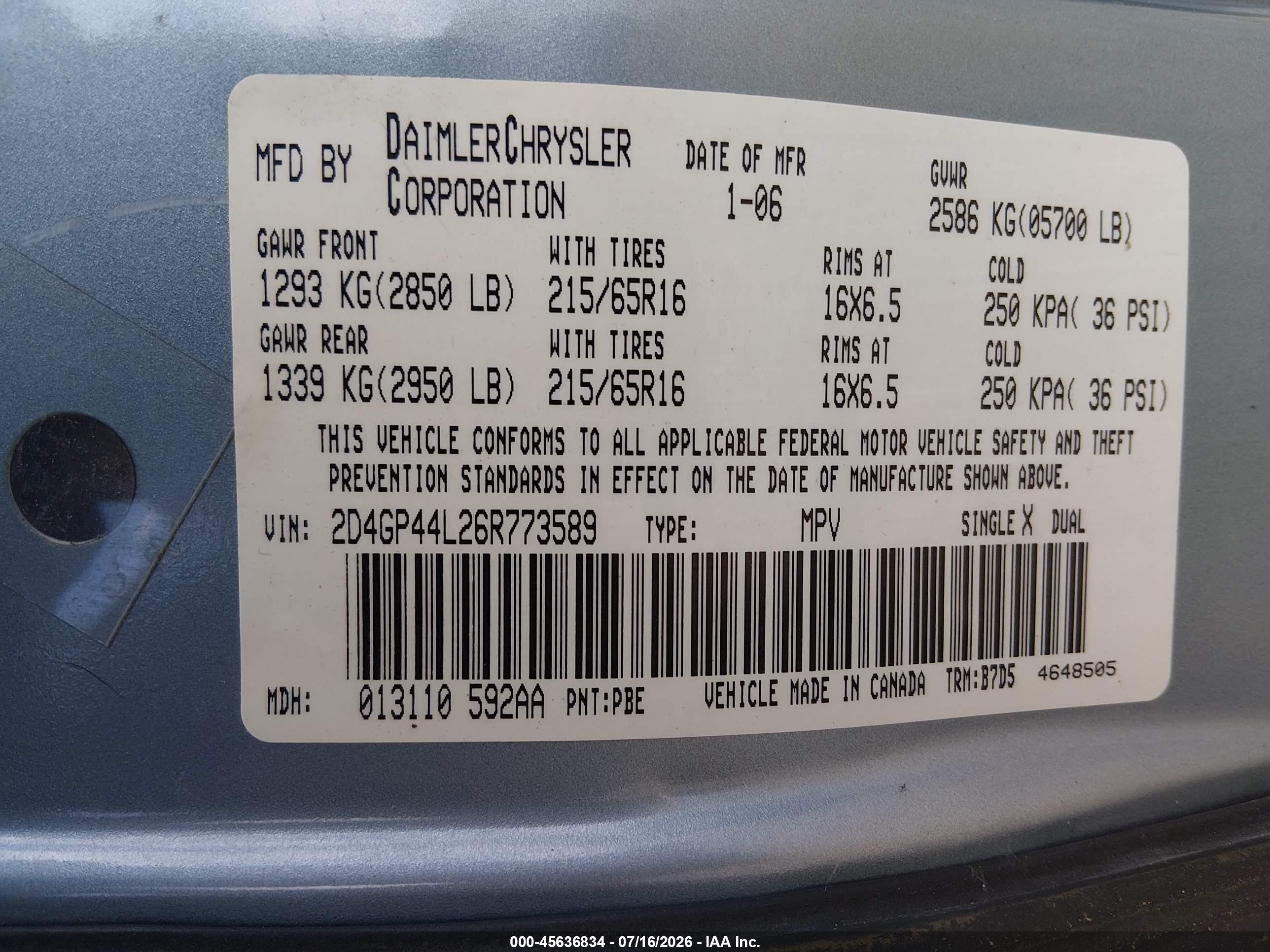 2006 Dodge Grand Caravan Sxt Blue vin: 2D4GP44L26R773589
