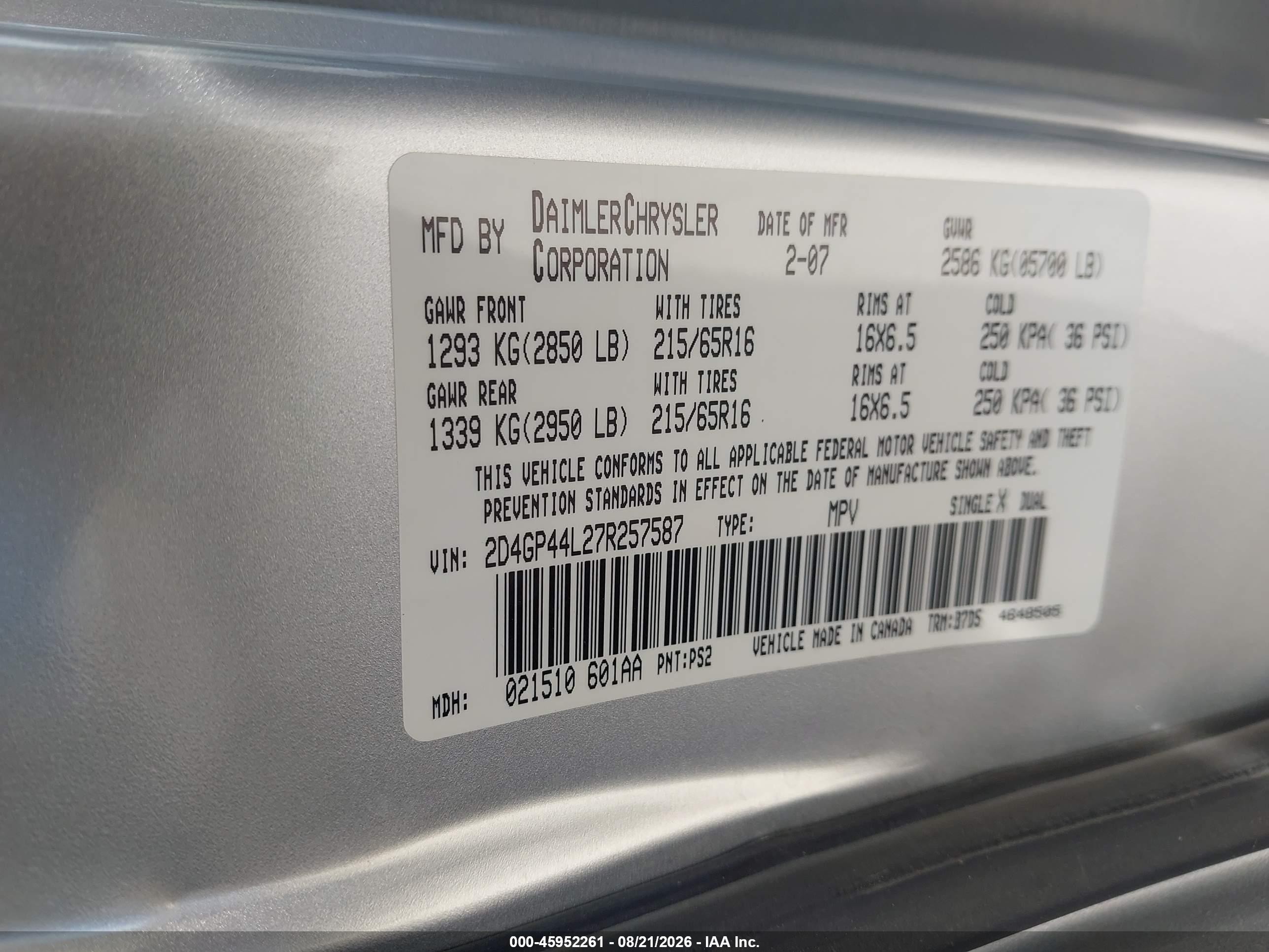 2007 Dodge Grand Caravan Sxt Silver vin: 2D4GP44L27R257587
