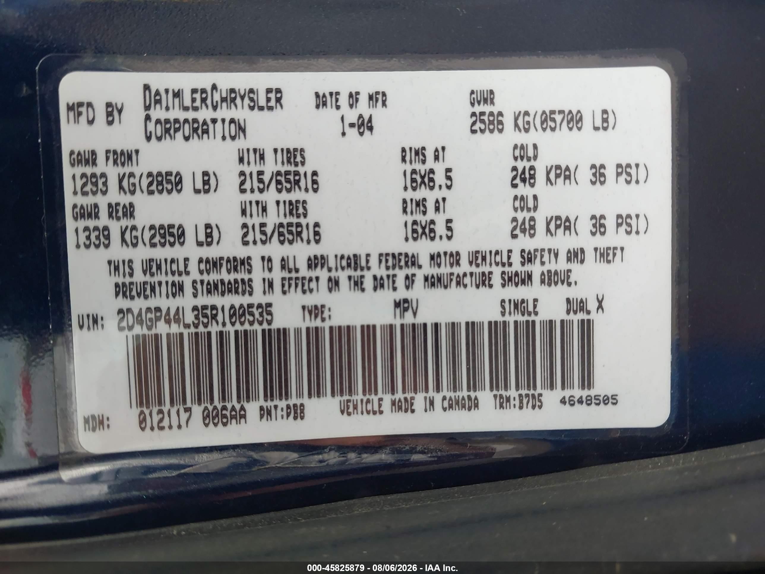 2005 Dodge Grand Caravan Sxt Dark Blue vin: 2D4GP44L35R100535