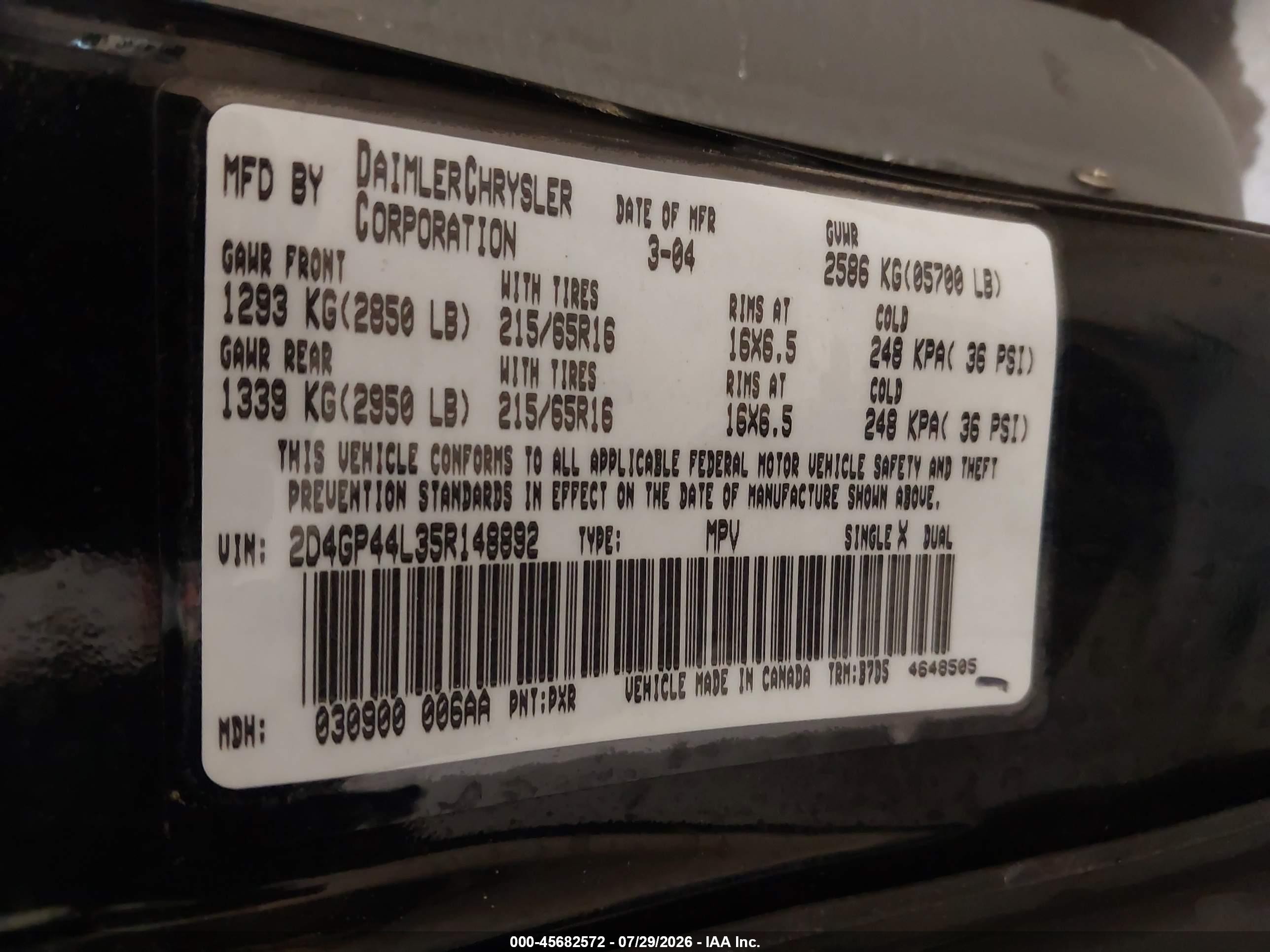 2005 Dodge Caravan Sxt Black vin: 2D4GP44L35R148892