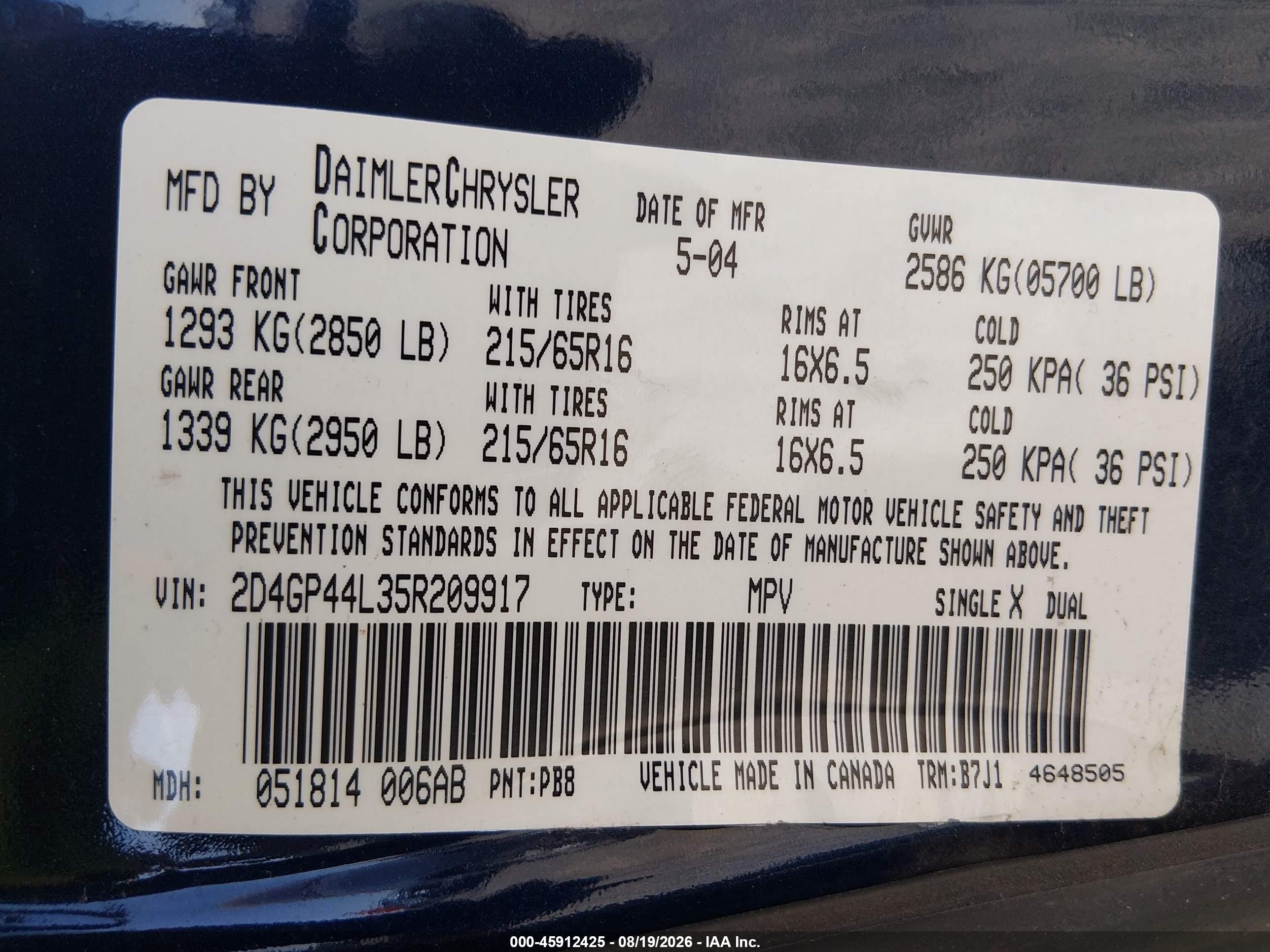 2005 Dodge Grand Caravan Sxt Blue vin: 2D4GP44L35R209917