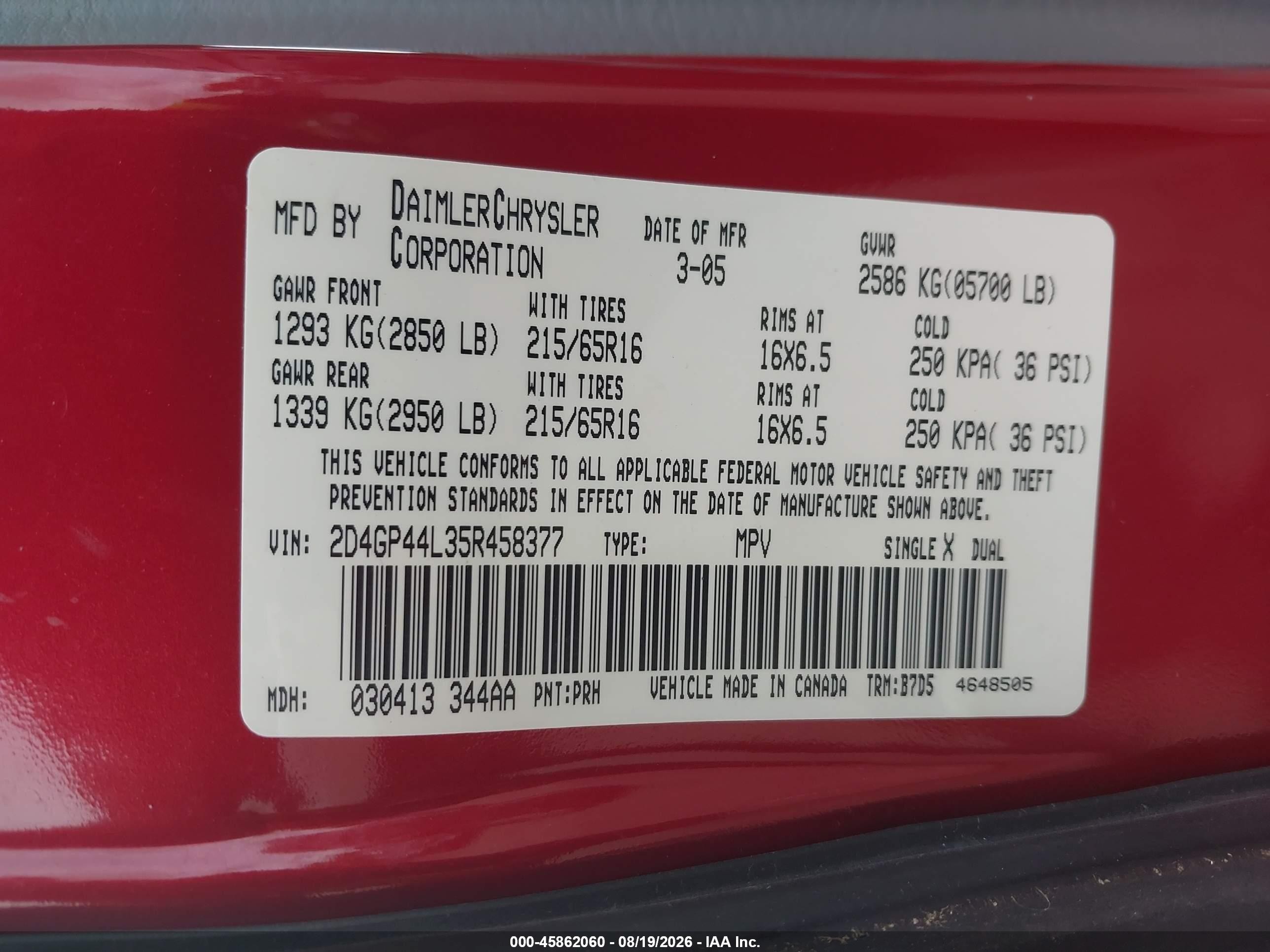 2005 Dodge Grand Caravan Sxt Red vin: 2D4GP44L35R458377