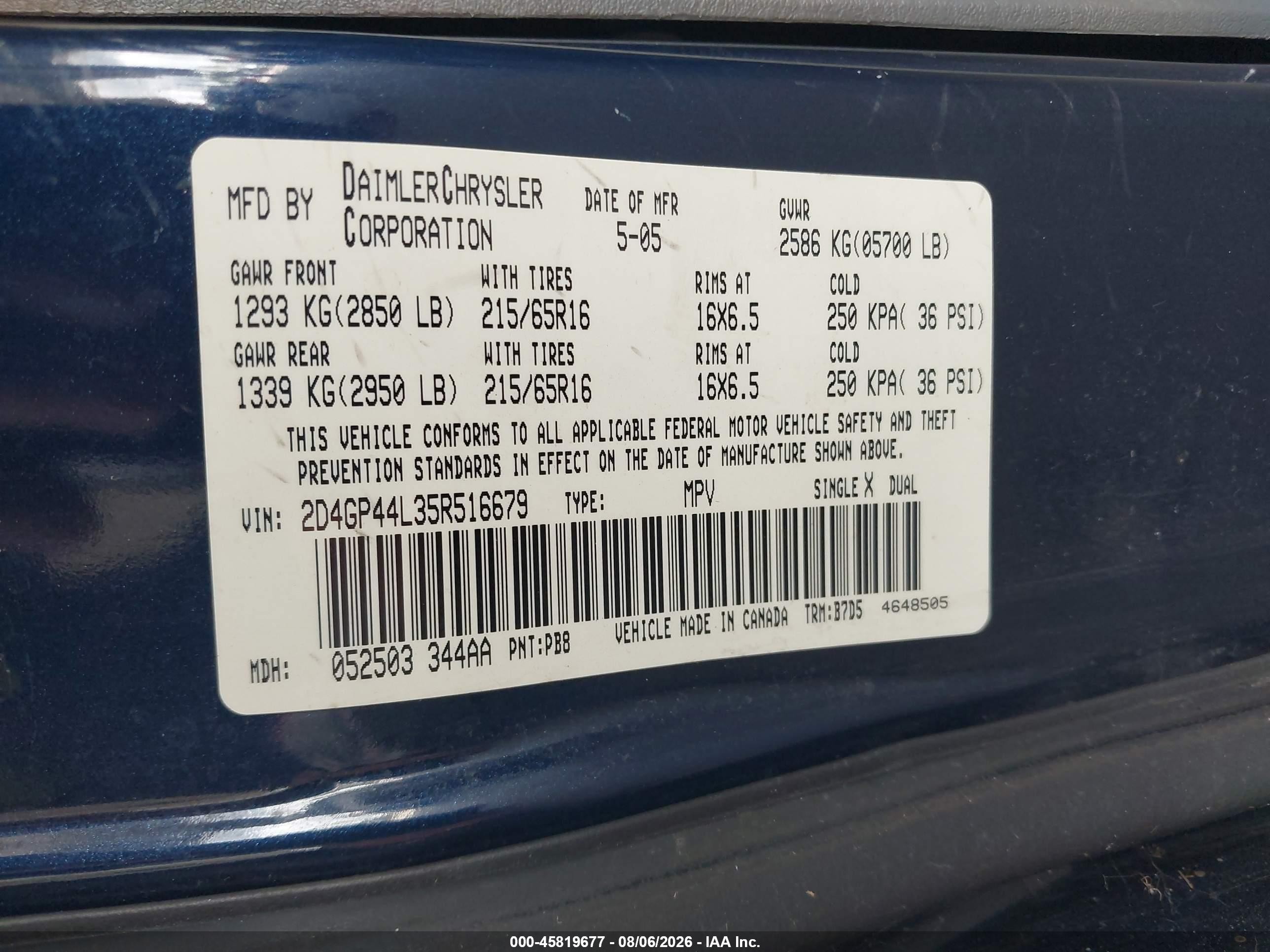 2005 Dodge Grand Caravan Sxt Синий vin: 2D4GP44L35R516679